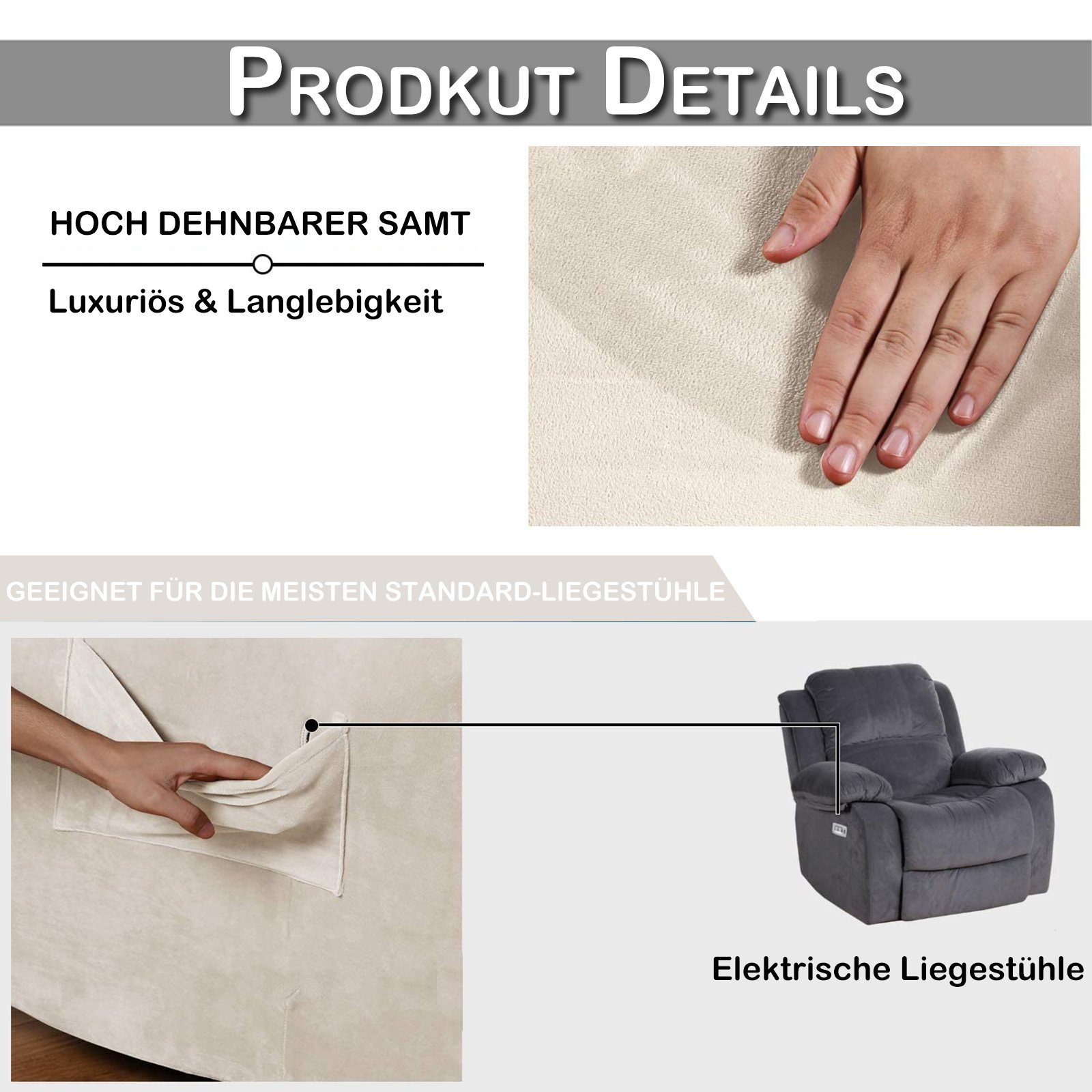 Qelus Relaxsesselhusse Samt Strecken Sesselschoner,Sessel überzug für Relaxsessel 1 Stück, Elastisch,Waschbar,Seitentaschen-Design,Sesselschoner Mit Armlehne