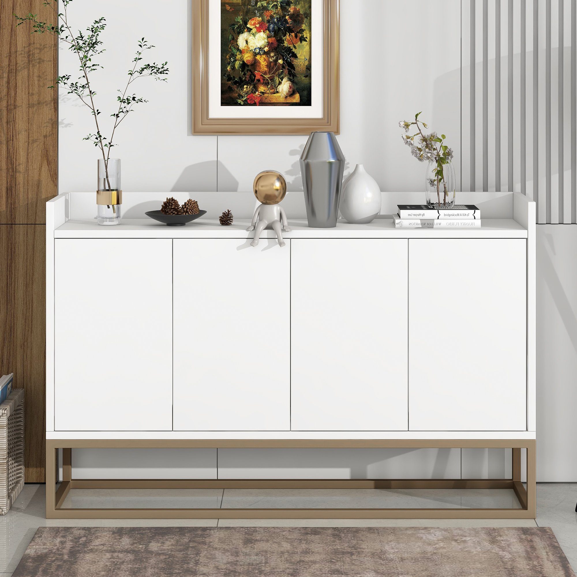 WISHDOR Anrichte Küche) Küchenschrank, 4-türiger (griffloser Buffetschrank weiß minimalistischen Modernes Sideboard für Esszimmer, Wohnzimmer, im Stil