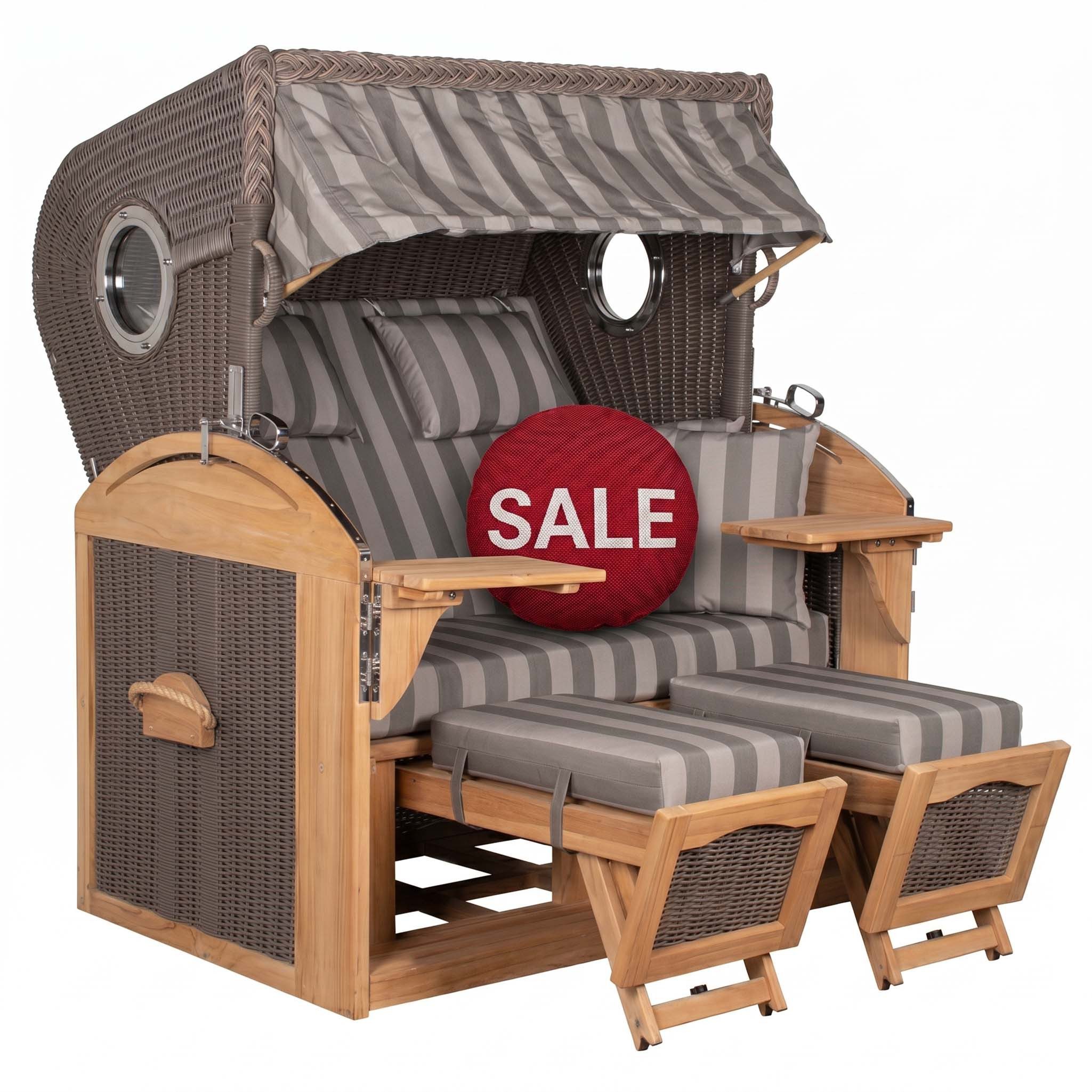 MR.DEKO Strandkorb XL Schillig Volllieger Teak PE Grey 2,5-Sitzer Bullauge, BxTxH: 142x95x170 cm, Vollieger, Schillig XL, (bereits montiert, ideal für Garten, Terasse und großen Balkon, 1-tlg), 2,5 Sitzer Strandkorb XL, Vollieger verstellbar