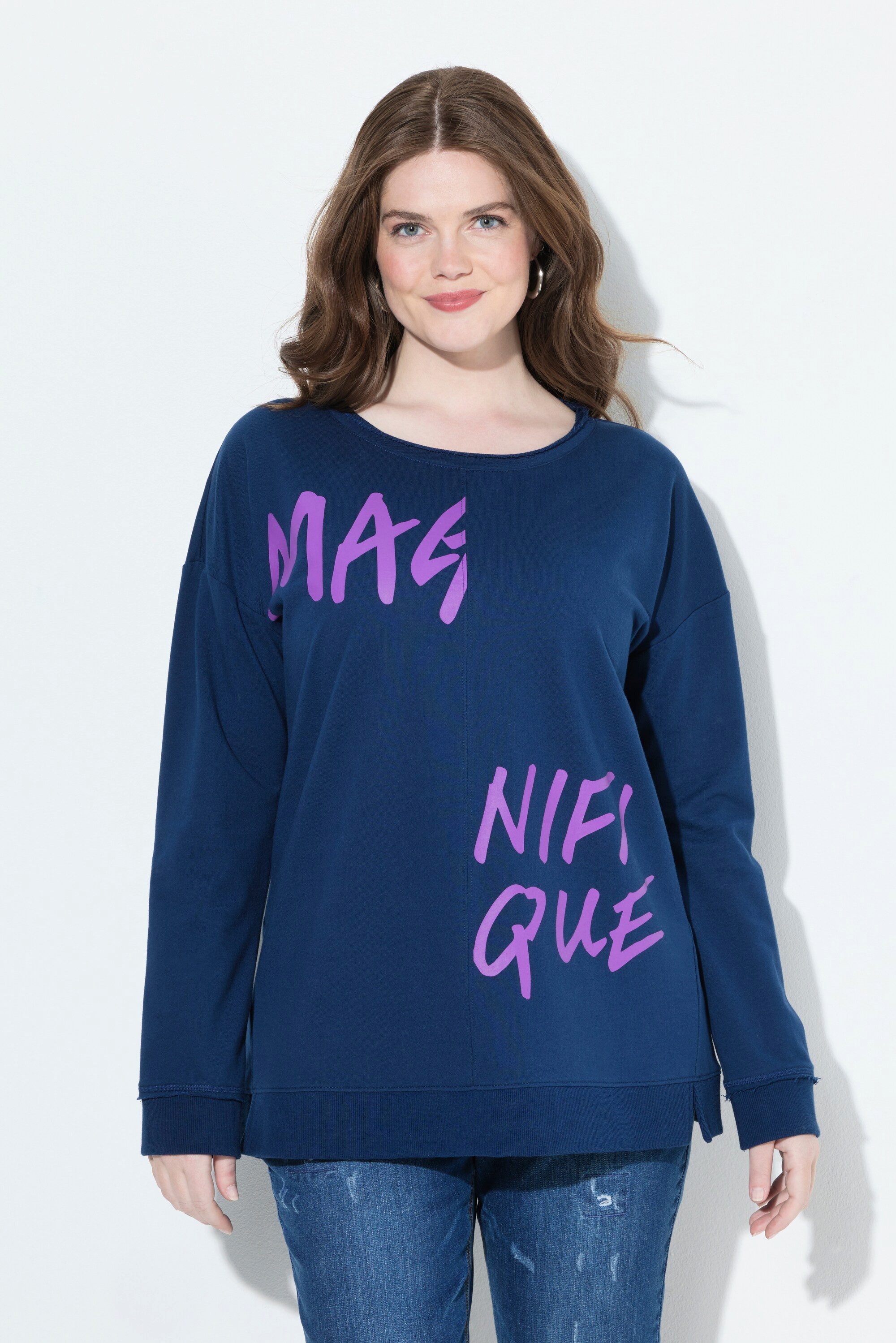 Ulla Popken Sweatshirt Sweatshirt Schriftmotiv Oversized Rundhals Langarm günstig online kaufen