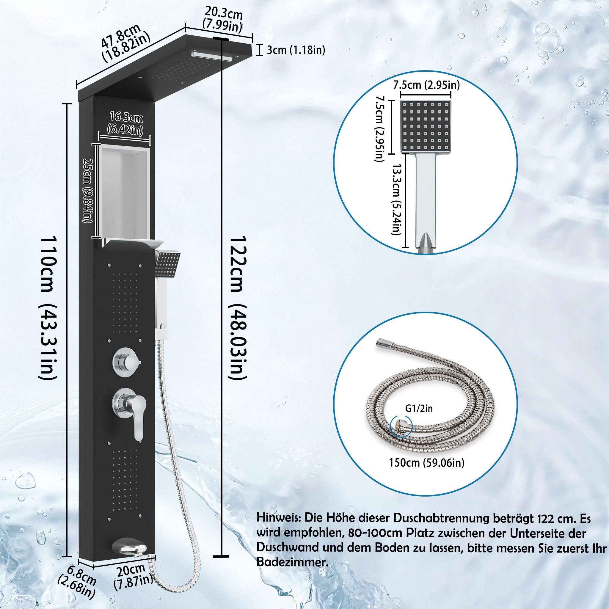 FIVMEN Duschsystem 5‑in‑1 Duschpaneel aus Gebürstetem Edelstahl Regendusche Wasserfall, Rückenmassage Handbrause multifunktional einfache Wandmontage – Bild 2 von 5