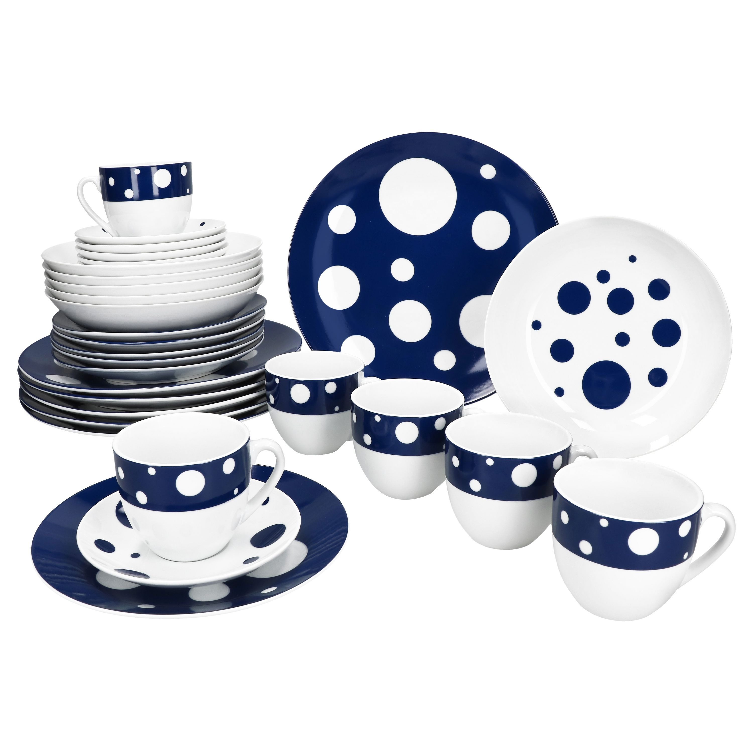 Kombiservice Pula dunkelblau 30tlg Kombiservice 6 Personen Tassen Teller Punkte