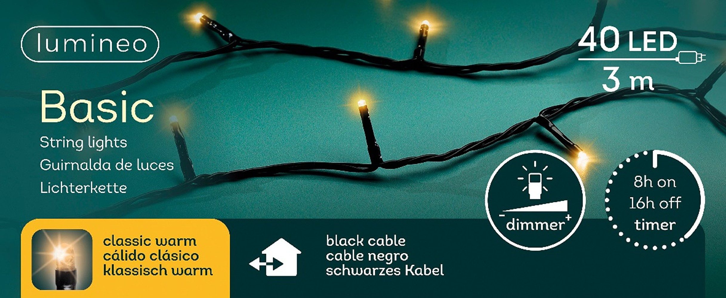 Lumineo LED-Lichterkette Lumineo Lichterkette BASIC 40 LED 3 m klassisch warm, schwarzes Kabel, Indoor/Outdoor, dimmbar, 8h-Timer, + 5 m Zuleitung