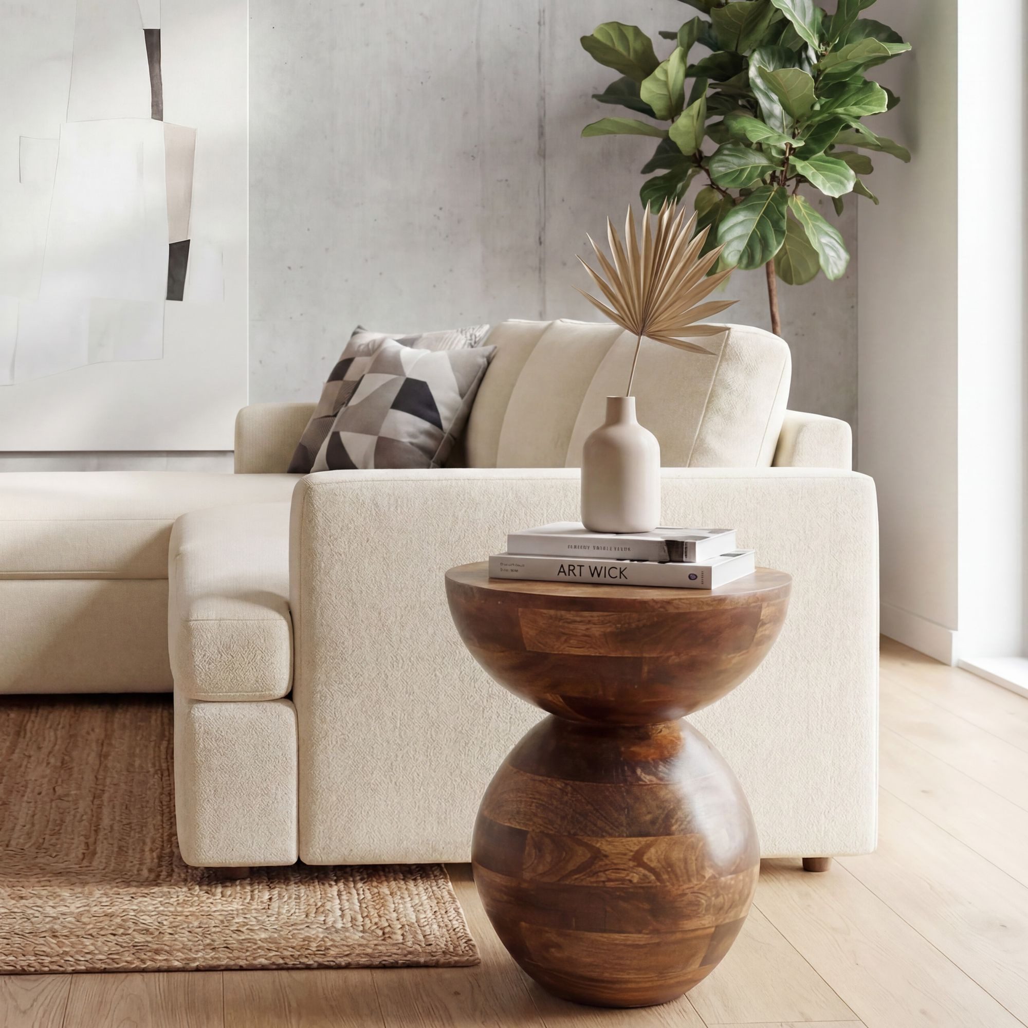 FINEBUY Beistelltisch FB117165 Anstelltisch Mango Massivholz 35 cm Ablagetisch rund modern (Skulpturaler Couchtisch aus massivem Mangoholz), Rundes Design mit glatter Oberfläche