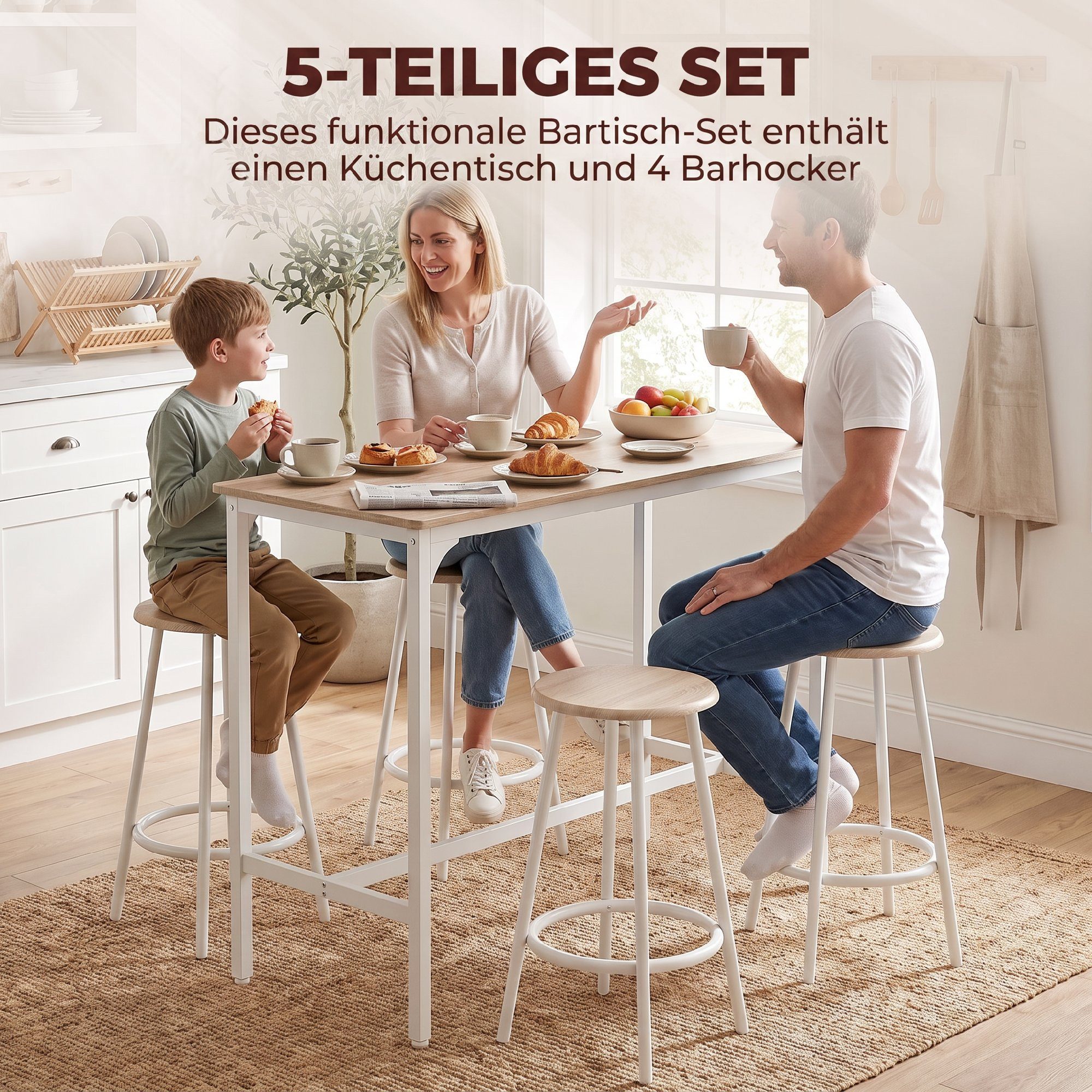 HOMCOM Bargruppe Tresentisch mit Fußstütze, (Set, 1 Tisch, 4 Stühle), Hocker unter Tisch verstaubar – Bild 4 von 5