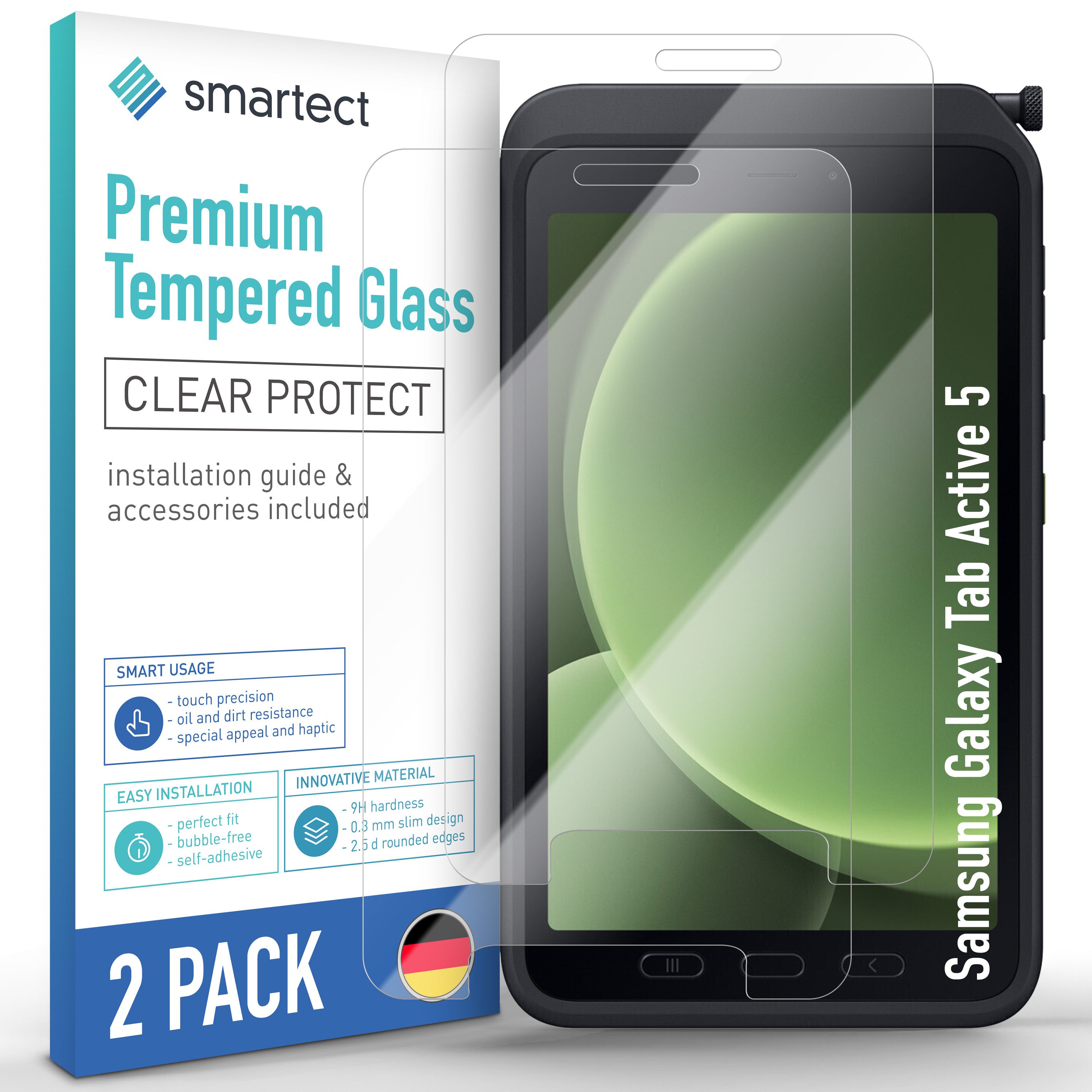 smartect Displayschutzglas Schutzglas Panzerfolie Klar für Galaxy Tab Active 5, Set, 2 Stück, Schutzfolie Glasschutz Bildschirm