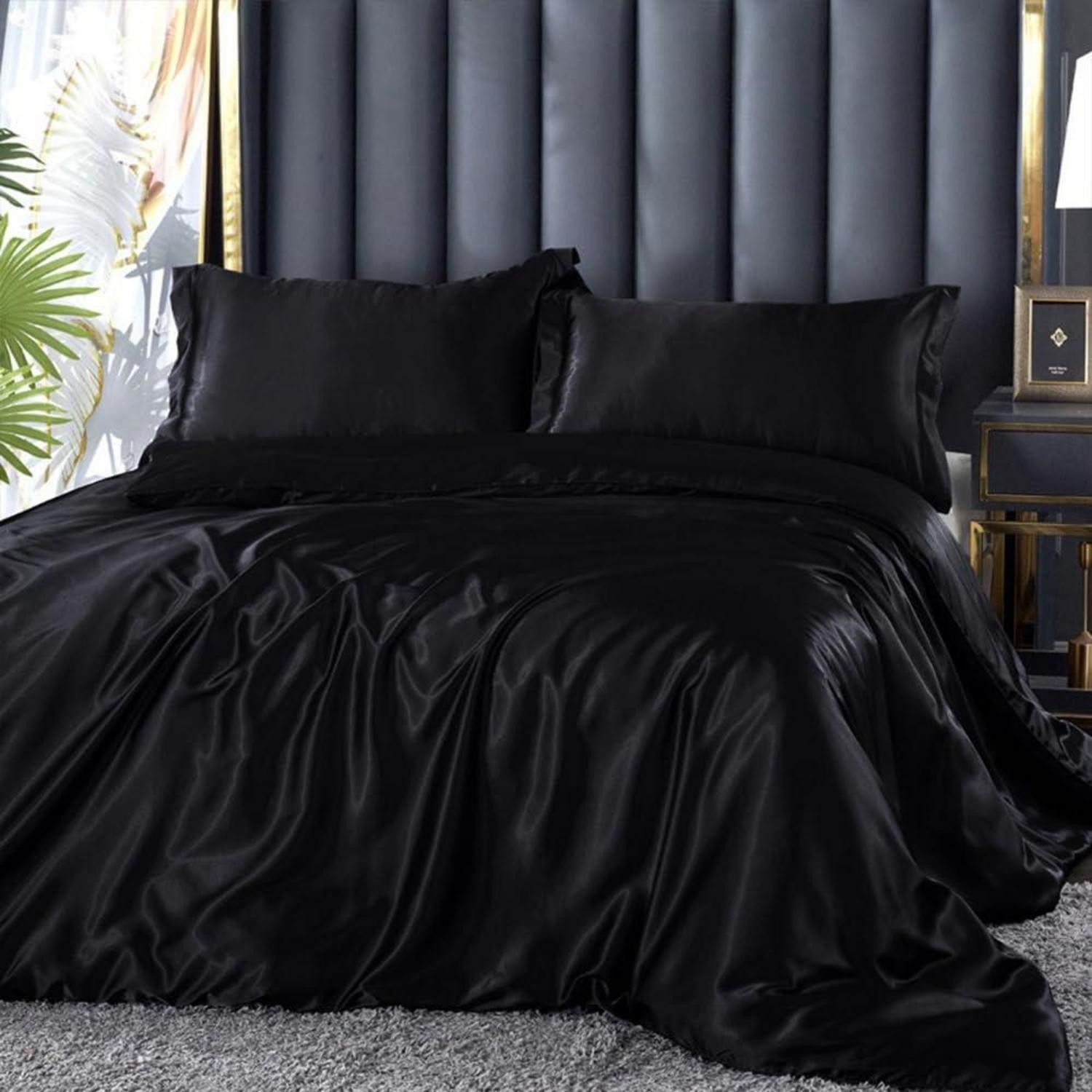 LuxusKollektion Bettwäsche Bettwäsche 135x200cm 4tlg Schwarz Glanz Satin Luxus
