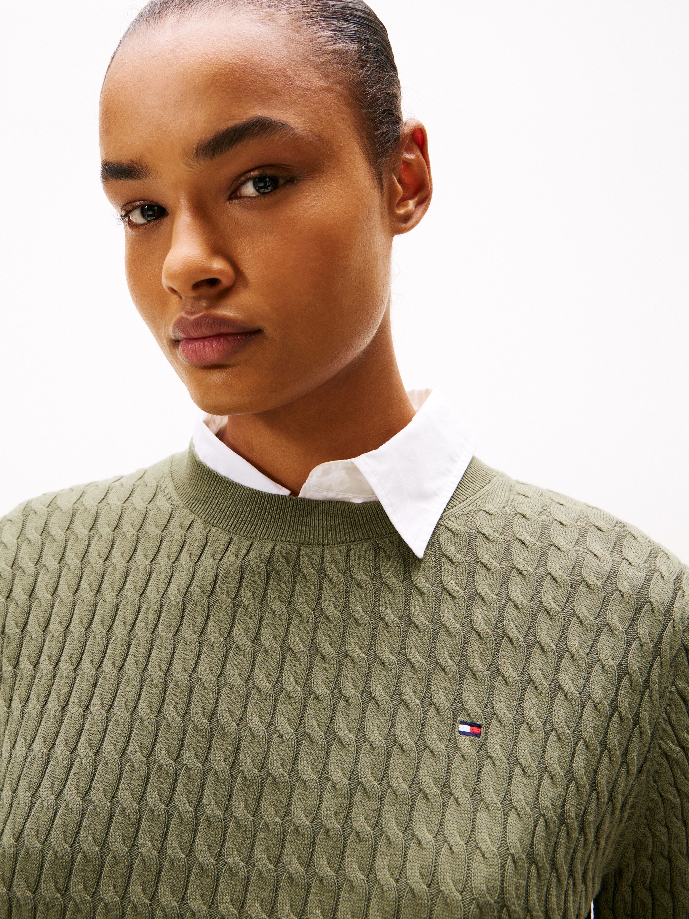 Tommy Hilfiger Rundhalspullover CO CABLE C-NK LS SWEATER Baumwolle, mit Zop günstig online kaufen