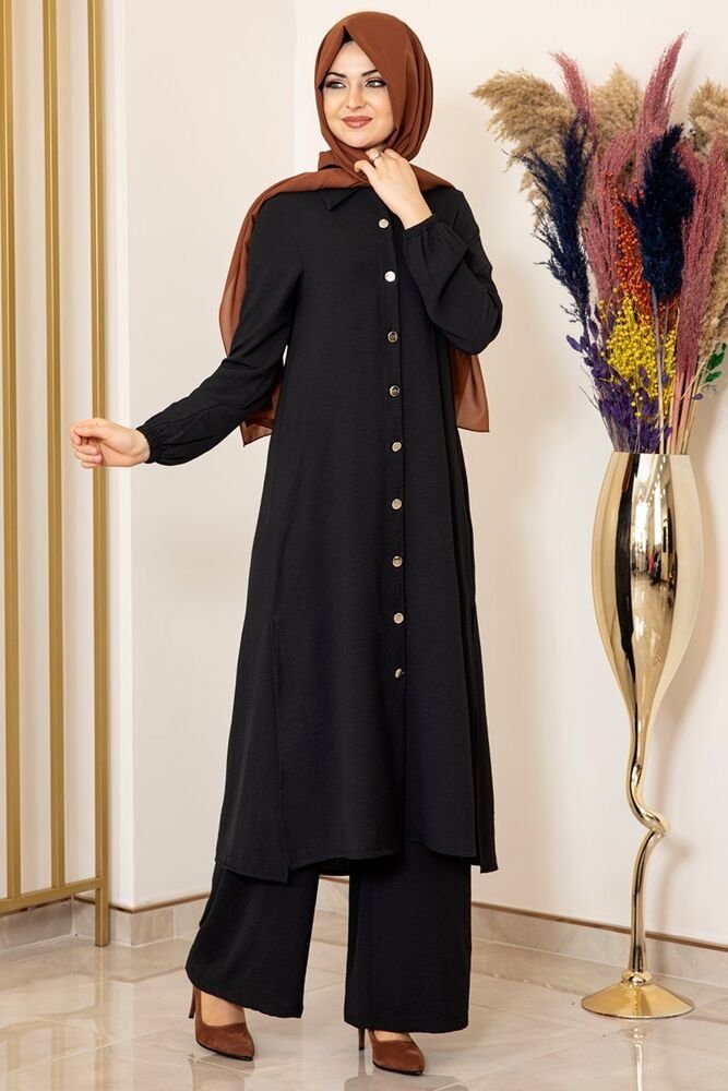 Modavitrini Longtunika Damen Anzug Zweiteiler Lange Tunika mit Hose Hijab Kleidung Knöpfe, Aerobin Stoff Schwarz