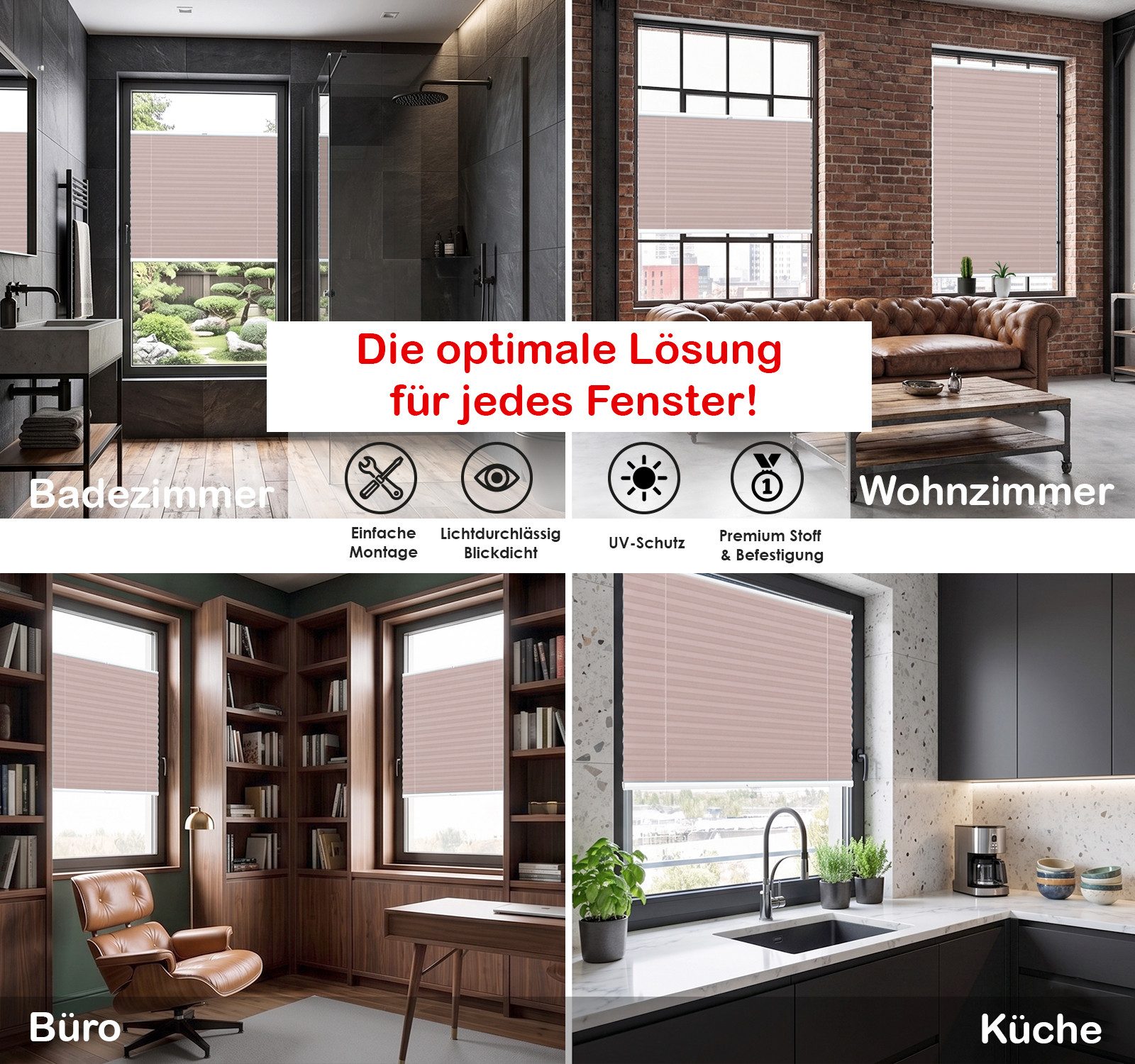 Rikmani Plissee Klemmfix ohne Bohren Rosé 40x100 cm, blickdicht, Klemmfix, Sichtschutz, Sonnenschutz, einfache Montage, Stufenlos verstellbar – Bild 3 von 5