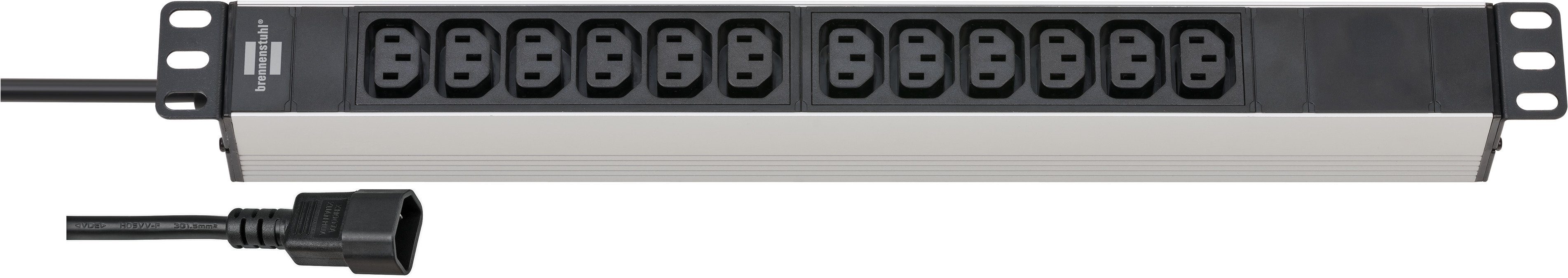 Brennenstuhl Alu-Line 19" Steckdosenleiste 12-fach (nicht vorhanden, Kabellänge 2 m), mit 12x Kaltgerätesteckdosen C13, Kaltgerätestecker C14