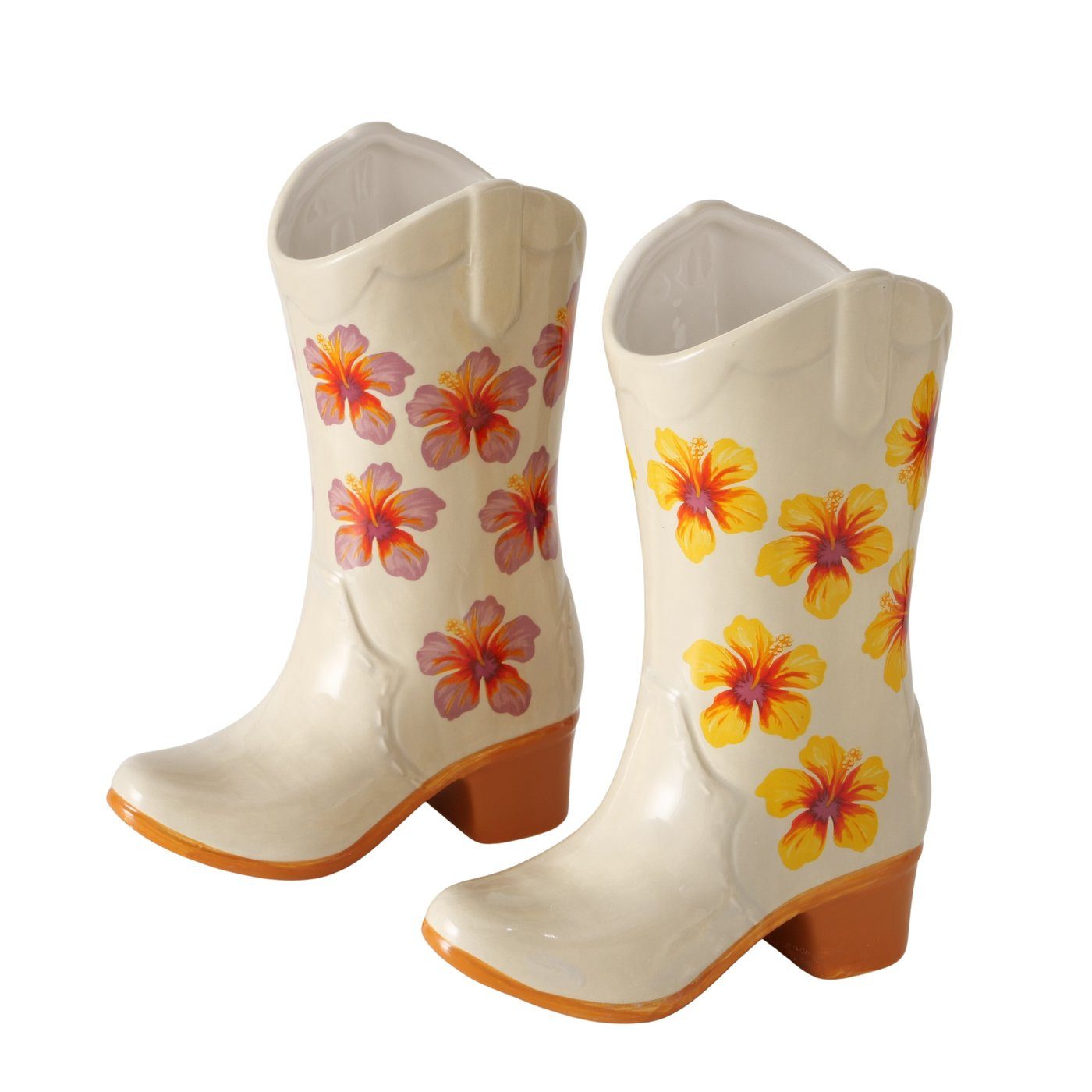 BOLTZE GRUPPE GmbH Dekovase Keramikvasen Set BloomBoots 2er Hibiskus Motiv Cremeweiß Stiefelform (2 St)