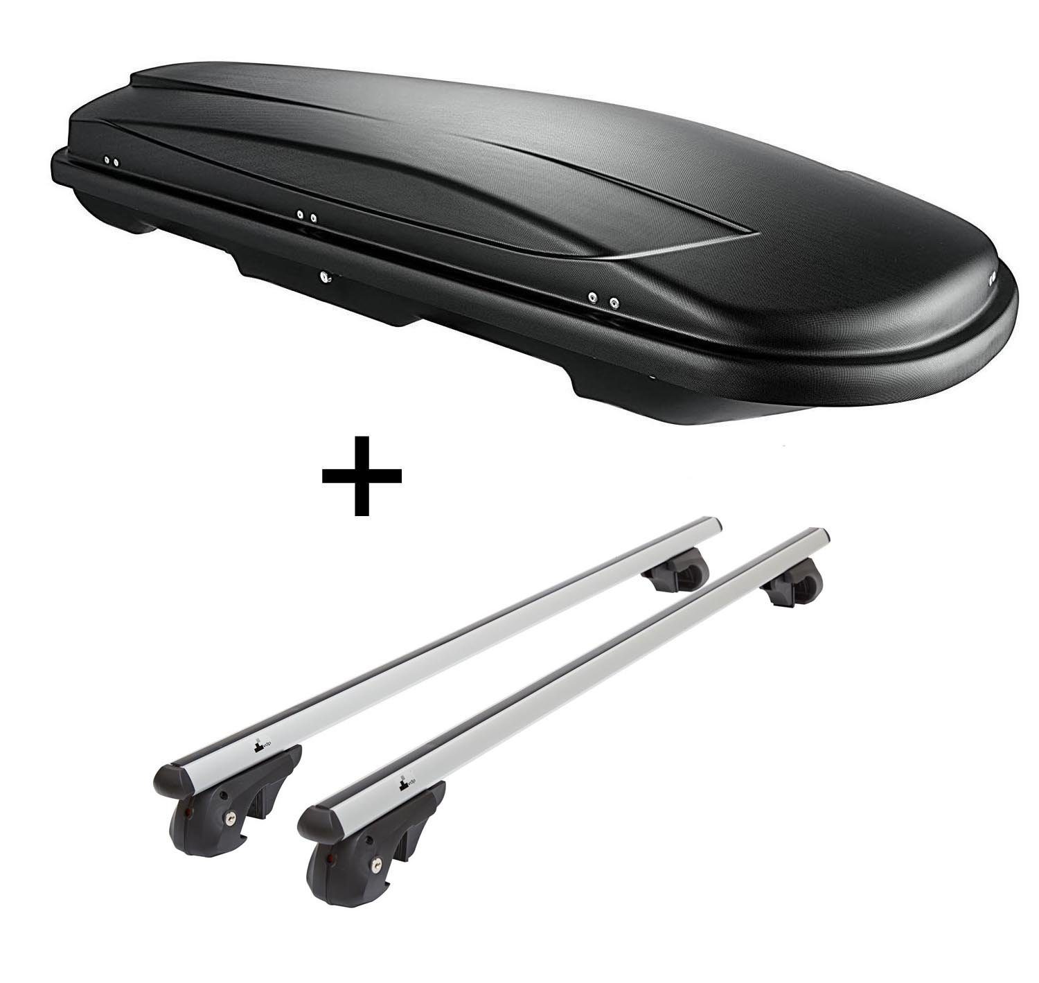 VDP Fahrradhalter, Skibox VDPJUXT600 600Ltr abschließbar + Alu Relingträger VDP004L kompatibel mit VW Tiguan ab 07