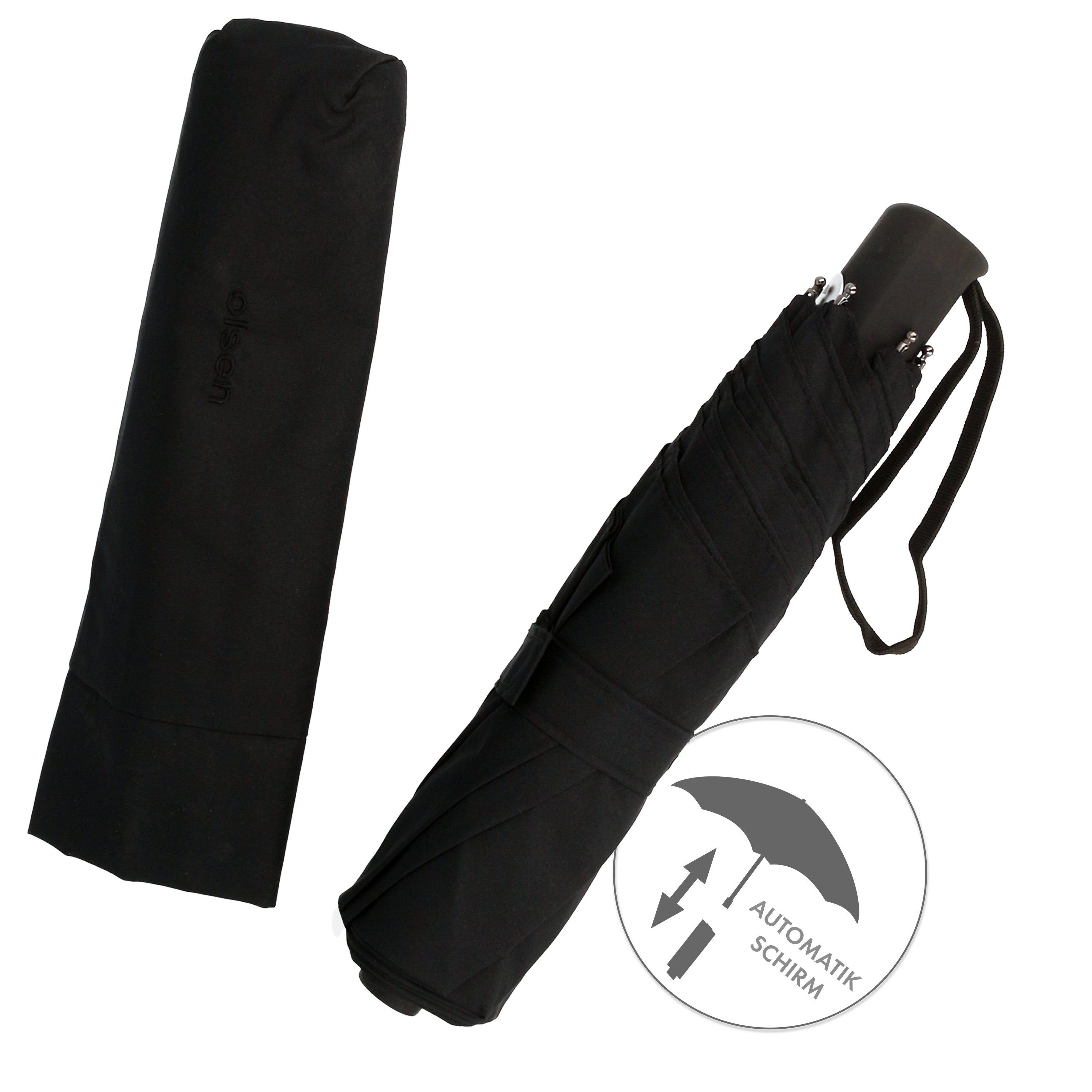 Olsen Taschenregenschirm Automatik Kleiner Taschenschirm mini für Damen und Herren, mit Rutschfestem Griff Schwarz