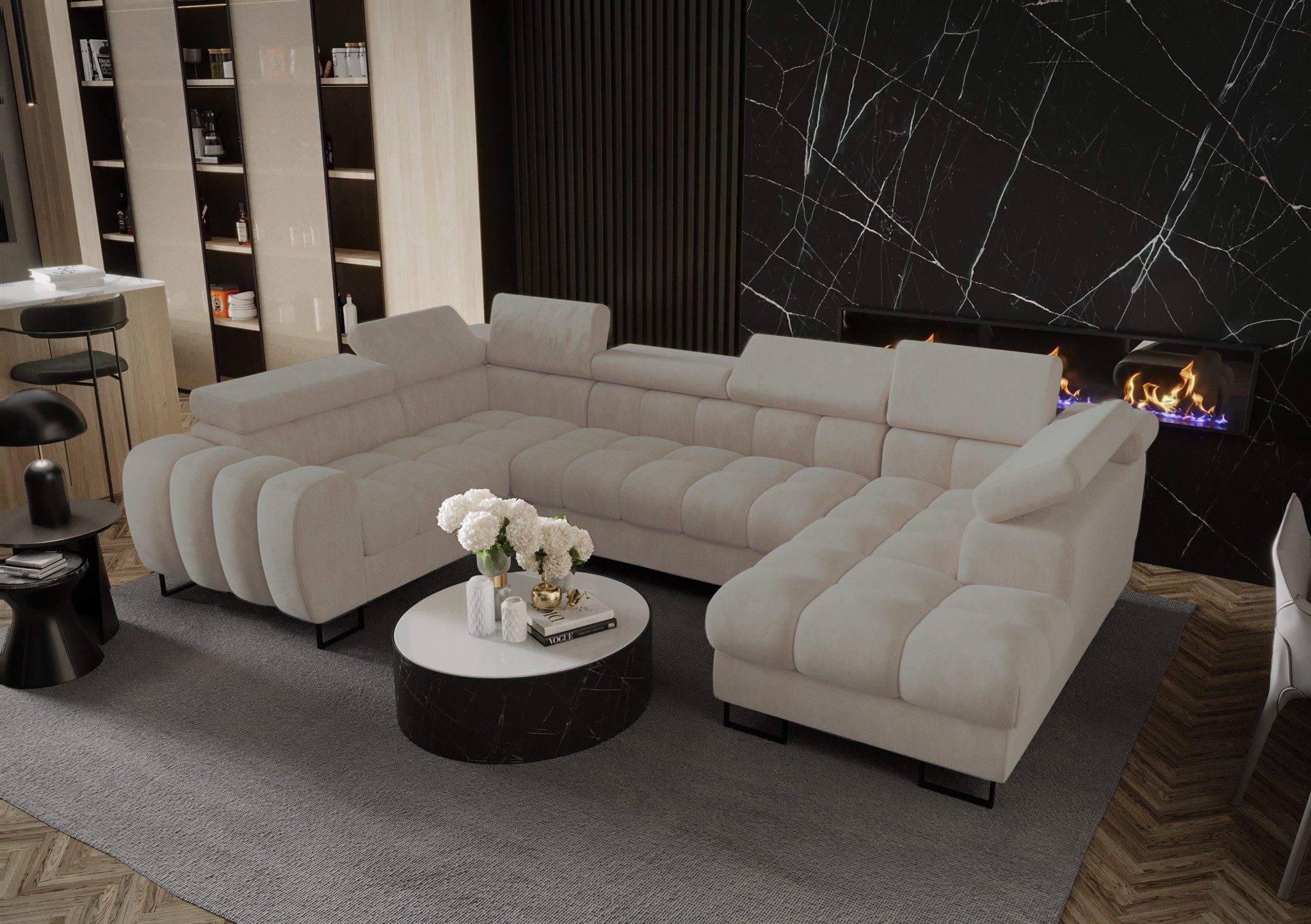 Fun Möbel Wohnlandschaft Schlafsofa BASTIEN mit Ottomane in Stoff, inkl. Bettkasten, mit Rundumbezug, ausziehbare Liegefläche