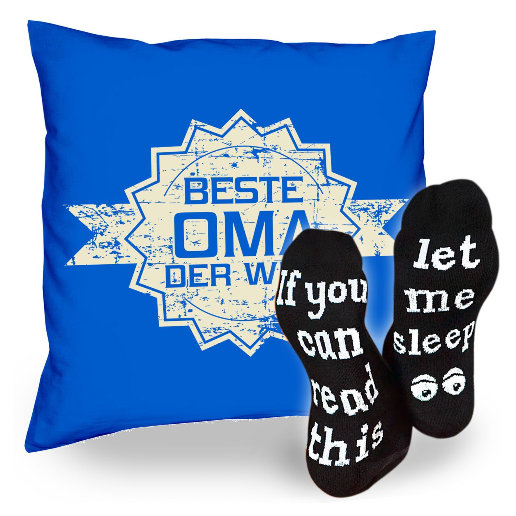 Sleep, Sprüche Kissen & Oma Soreso® Socken der Oma Omatag Welt Dekokissen Stern Beste Muttertagsgeschenk royal-blau