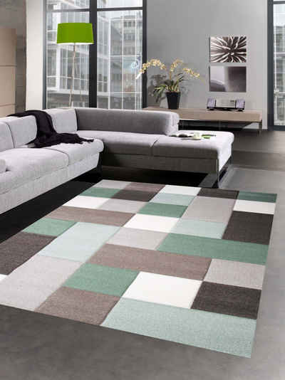 Teppich Teppich Wohnzimmerteppich Kurzflor Karo pastell grün grau mit Konturenschnitt, Carpetia, rechteckig, Höhe: 13 mm