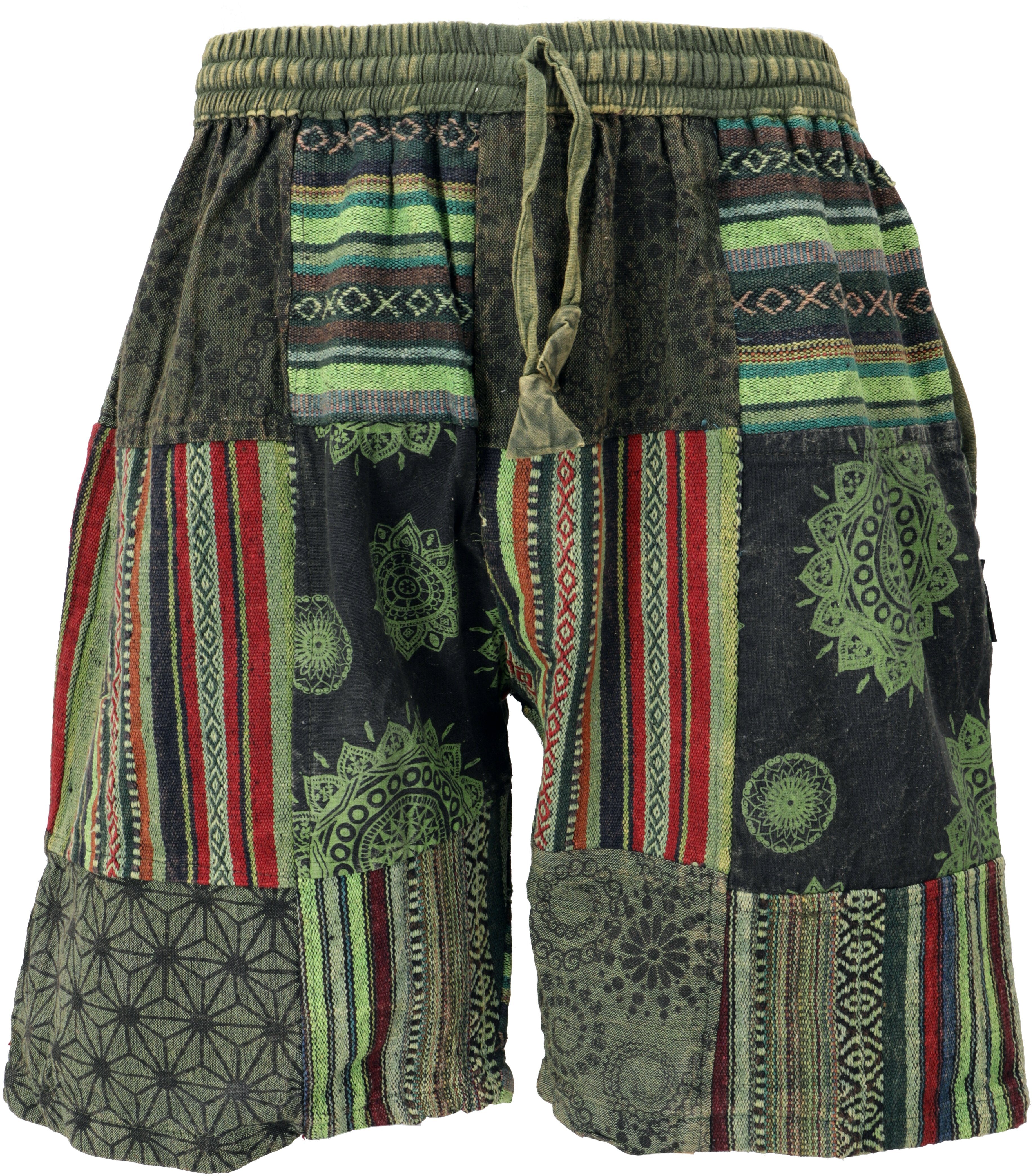 Guru-Shop Relaxhose Ethno Yogashorts, Patchwork Shorts - grün Hippie, Ethno Style, alternative Bekleidung