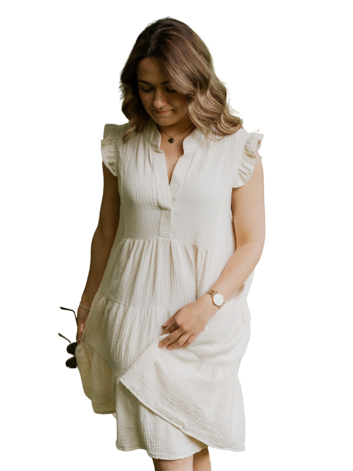 hutch&putch Sommerkleid Musselin Kleid Damen 100% Bio-Baumwolle mit gerüschten Ärmeln (1-tlg) weich und atmungsaktiv - Volantkleid - kurzes Kleid - Midikleid