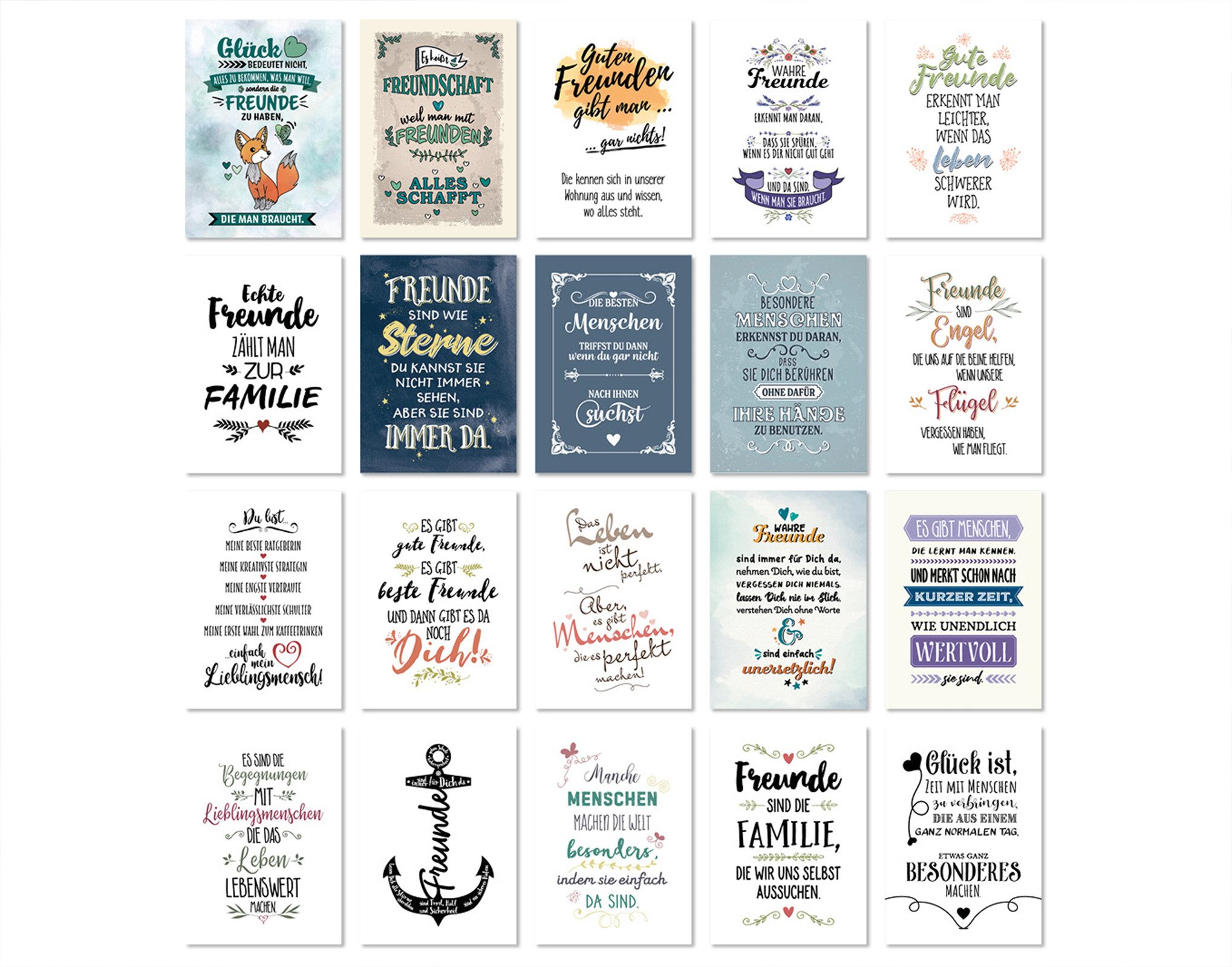 TypeStoff Grußkarten TypeStoff 20er Postkarten-Spar-Set DIN A6 – 20 Sprüchen & Motive