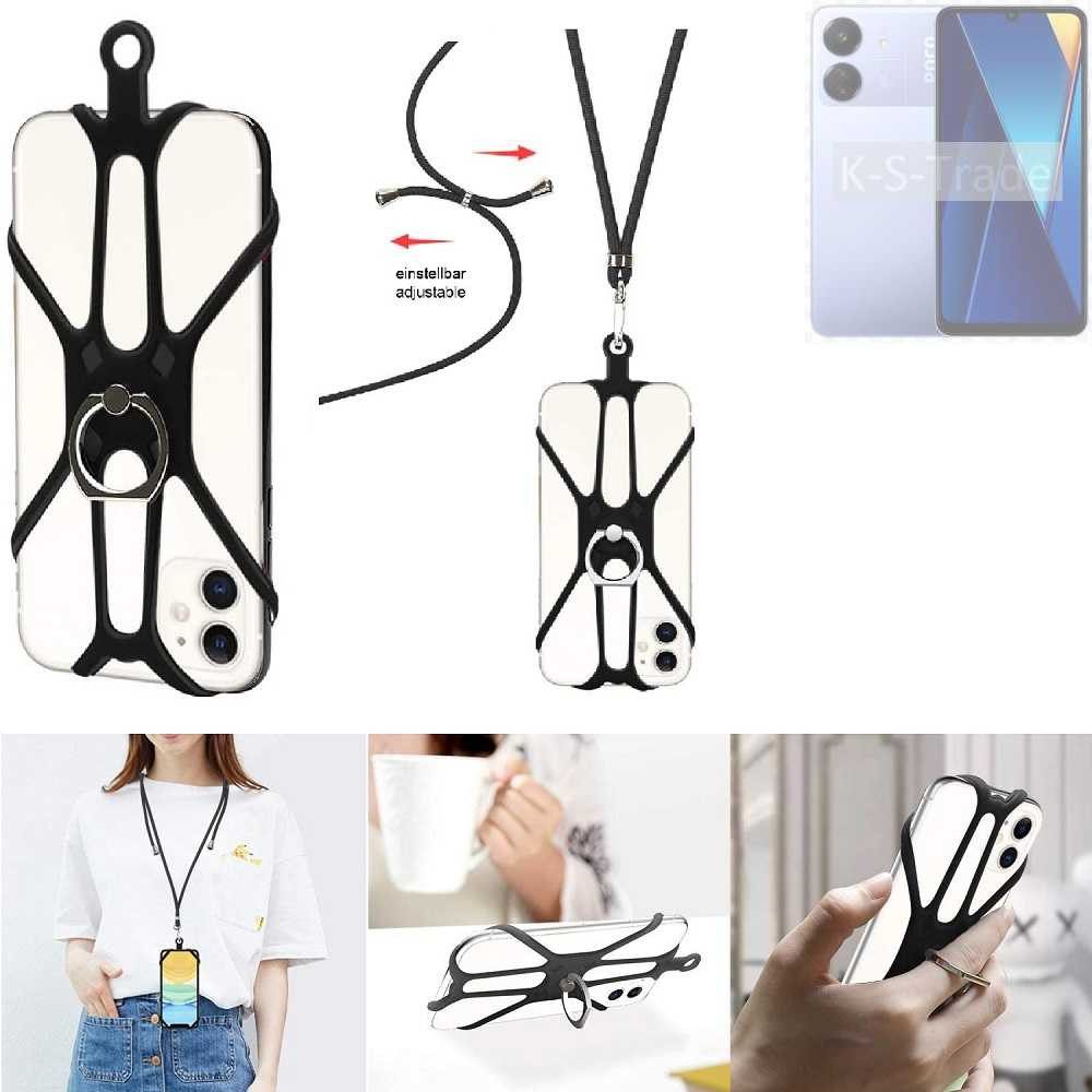 K-S-Trade Handyhülle für POCO C65, 3in1 Handykette Handyband Handykordel Halsband Smartphone-Ring
