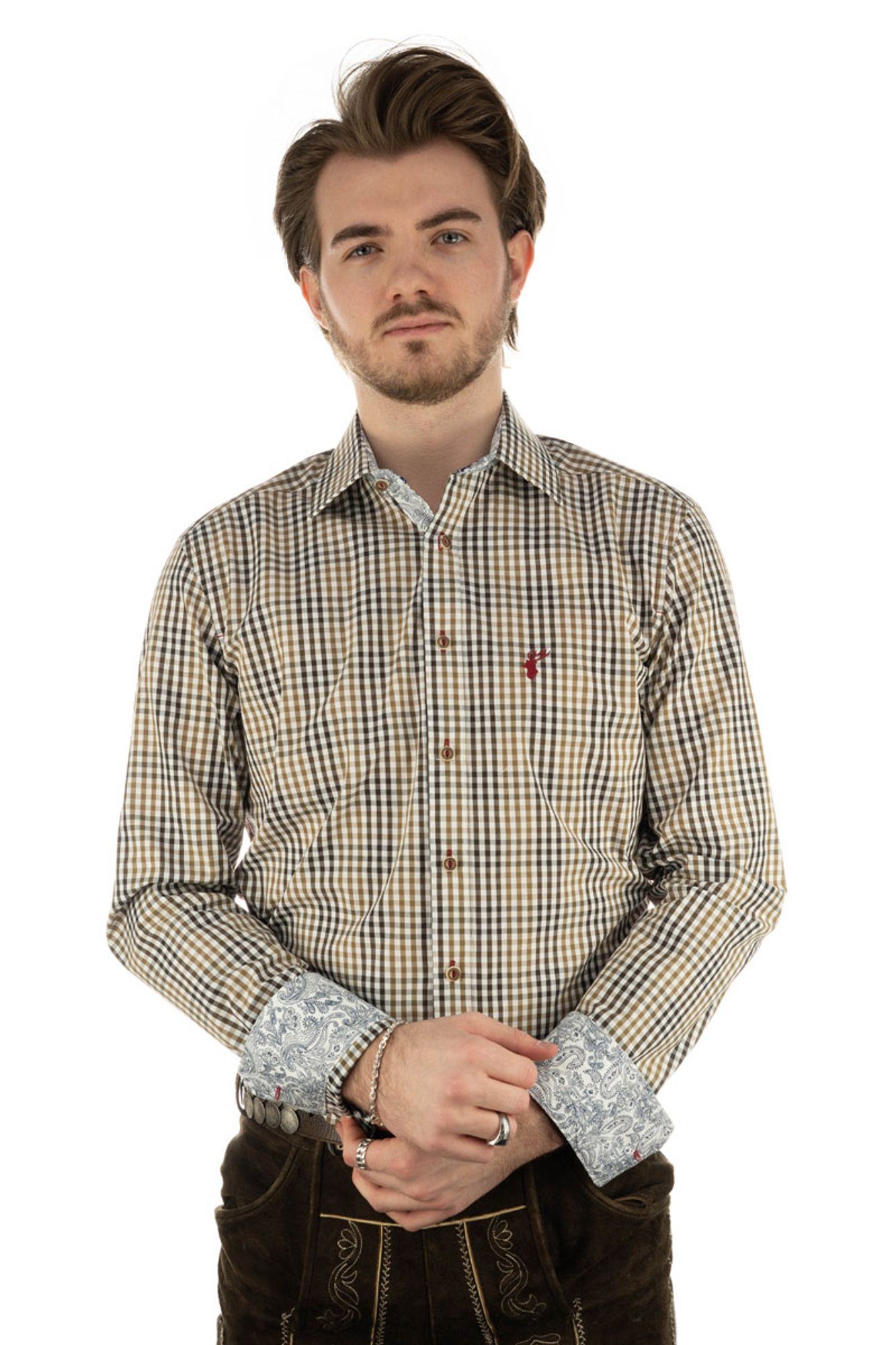 der Brust Trachtenhemd hellbraun Stickerei auf mit Arkaya Langarmhemd OS-Trachten