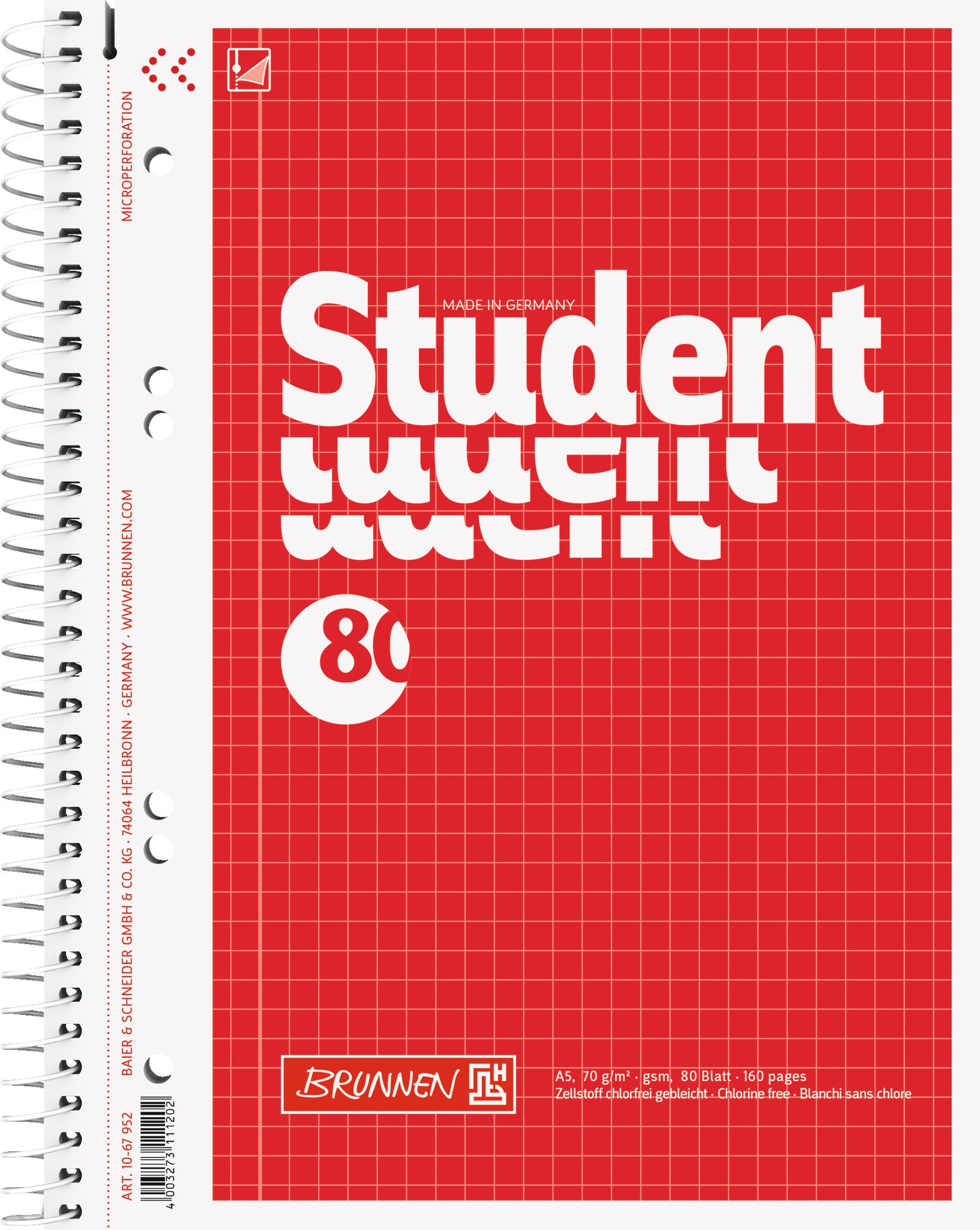 BRUNNEN Notizblock BRUNNEN 1067952 Collegeblock Student A5 5 mm kariert Deckblatt: rot