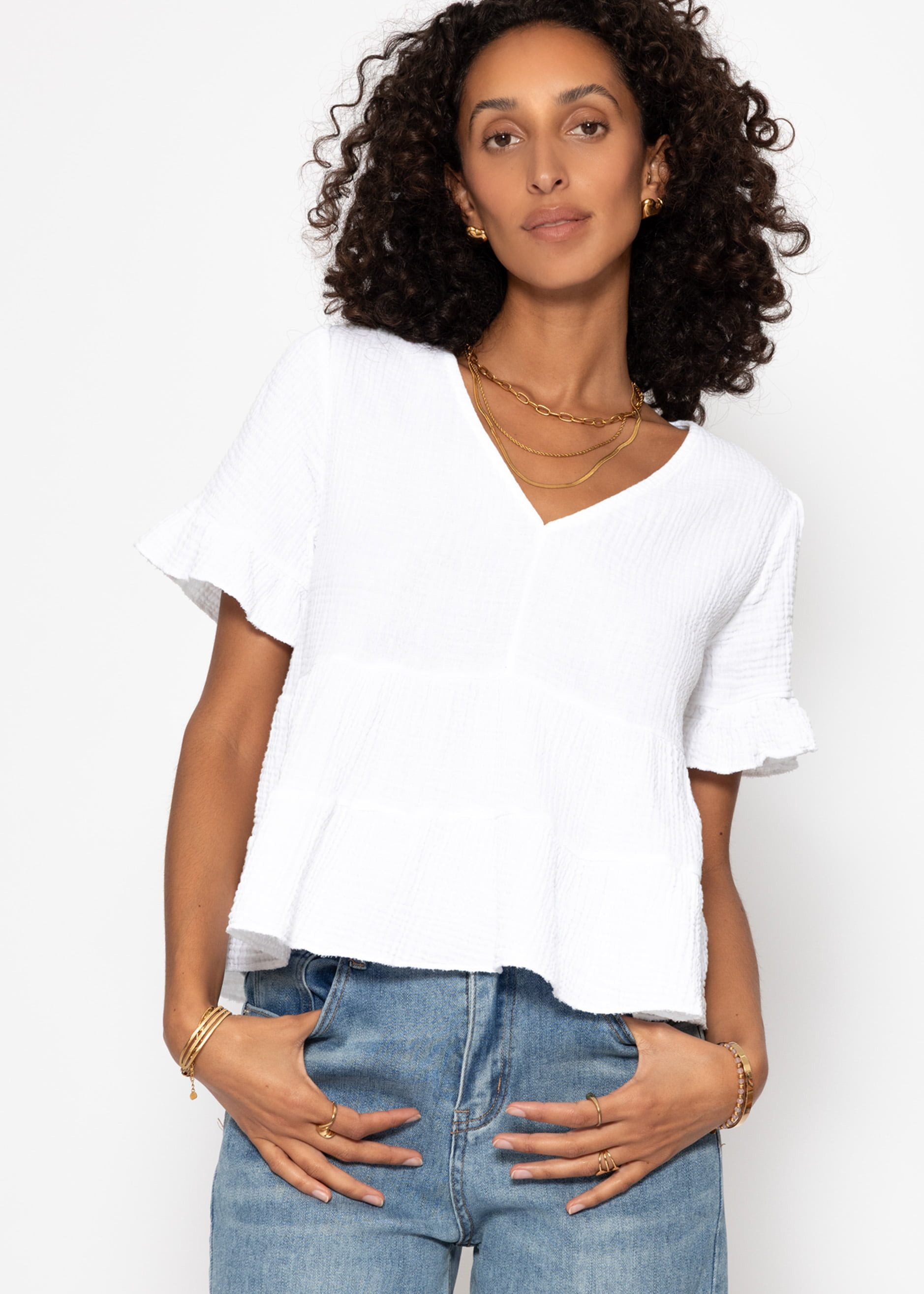 SASSYCLASSY Kurzarmbluse Luftiges Musselin Shirt Damen günstig online kaufen