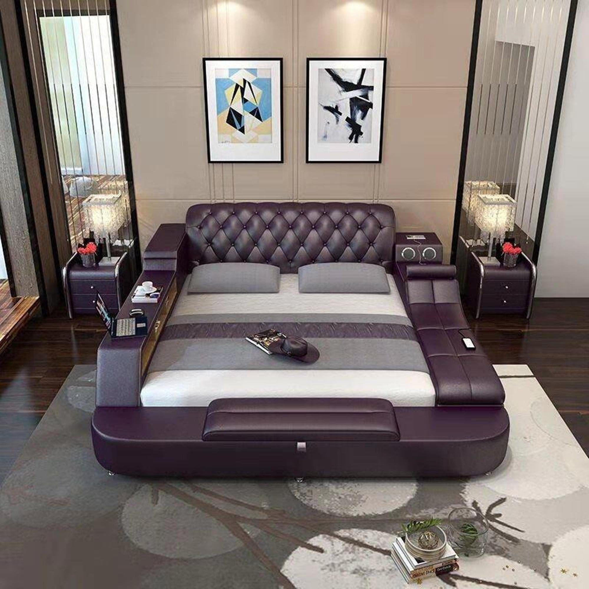 JVmoebel Bett Design Bett XXL Big Betten Leder Hotel Polster 180x200 Multifunktion Violett