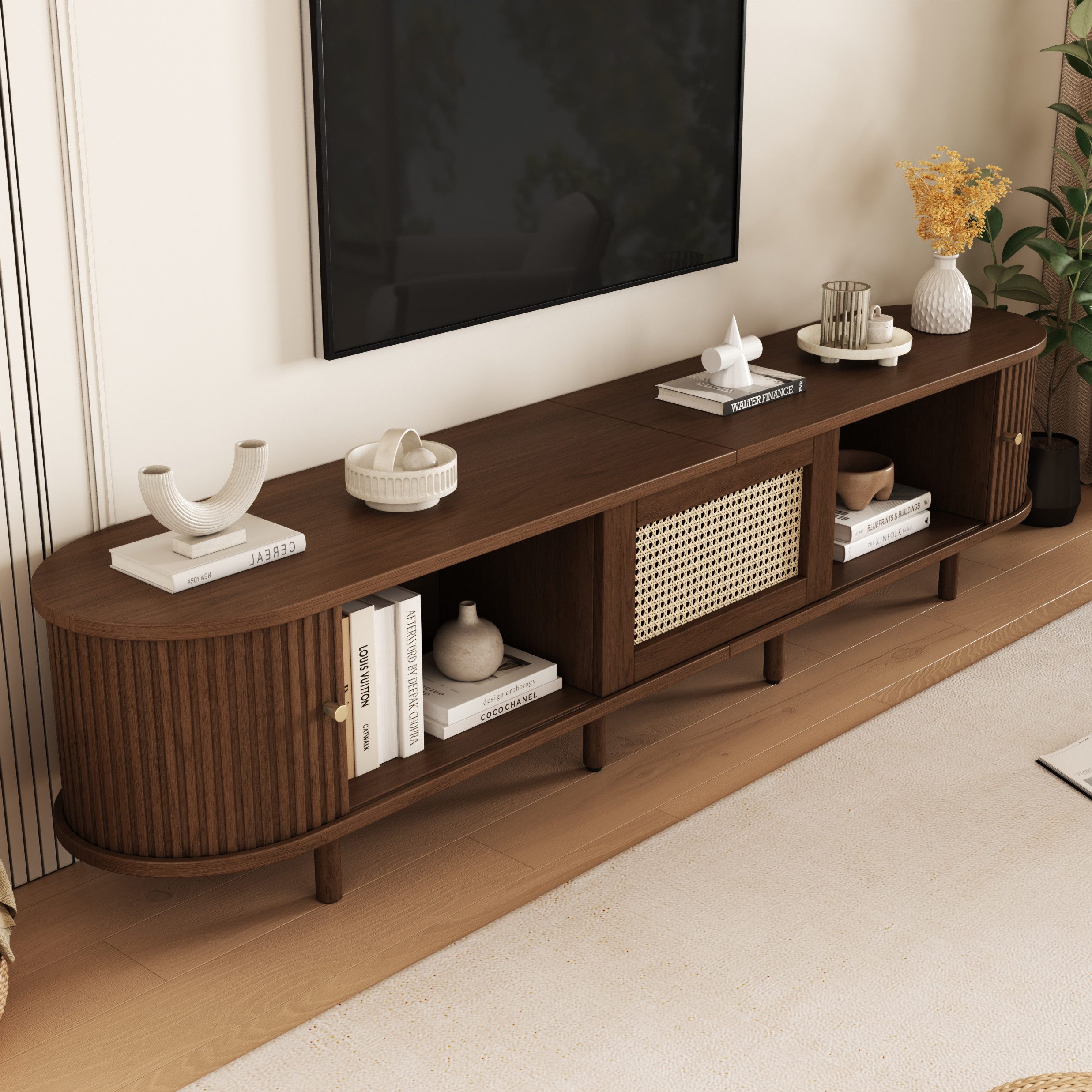 Merax Lowboard Ovaler TV-Schrank mit goldenen Griffen & Rattan-Design in Wa günstig online kaufen