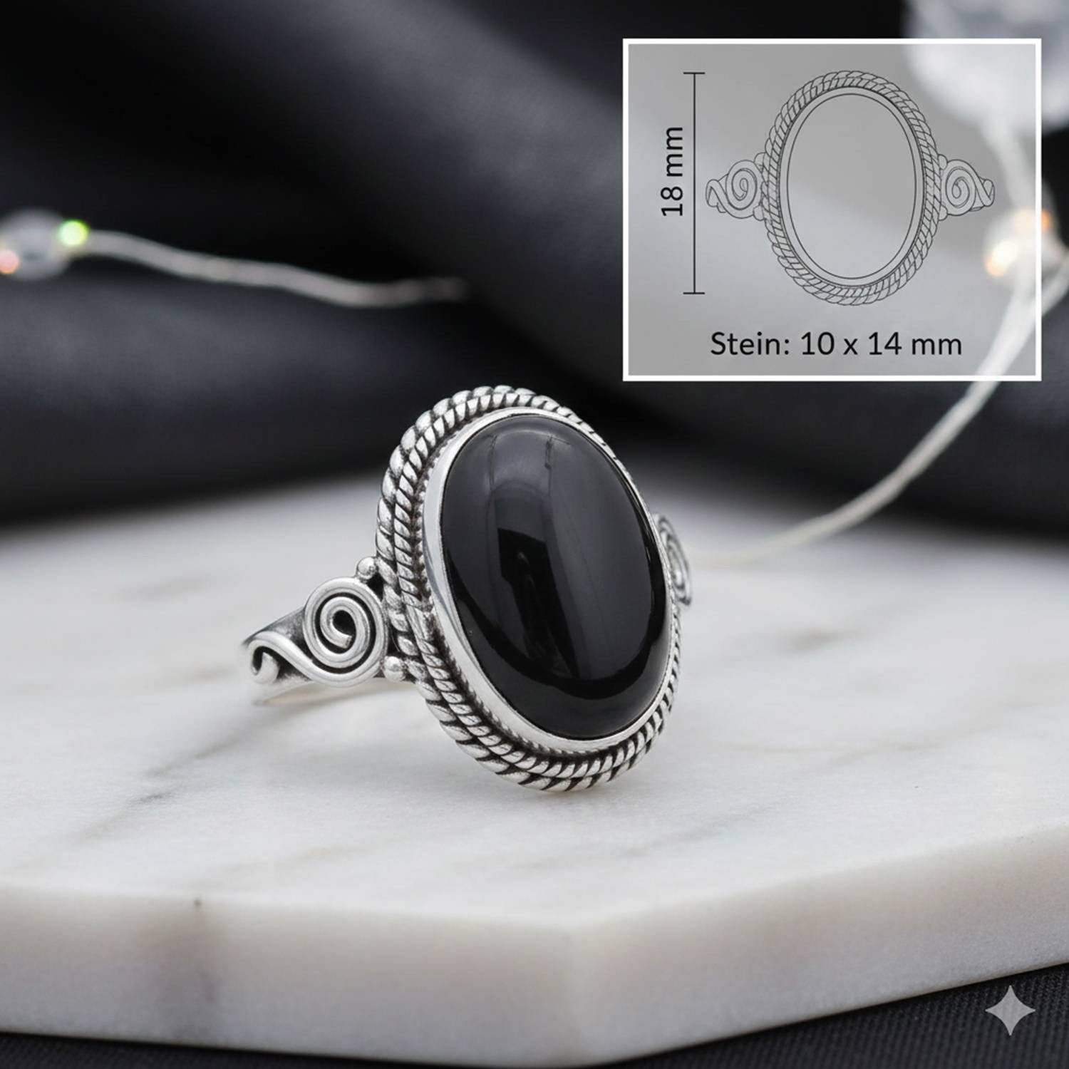 mantraroma Silberring SINTA aus 925 Silber mit Onyx (Ring mit Schmuckbeutel), Damenring aus 925er Silber