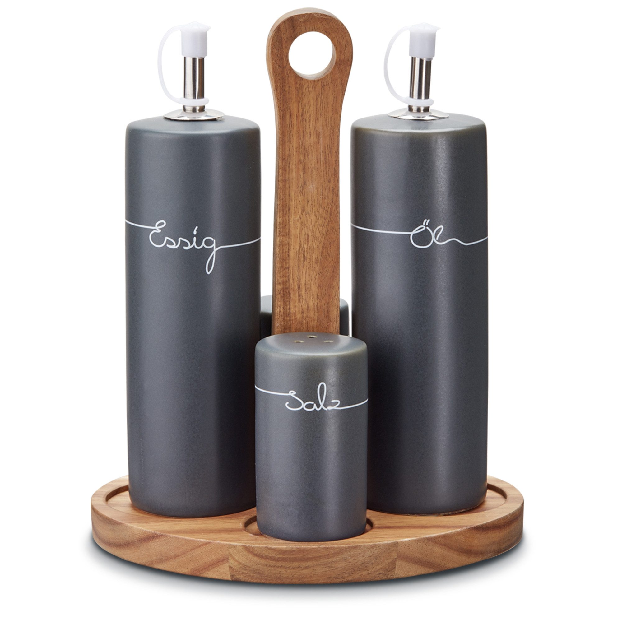 KHG Vorratsdose Menage Set 5-teilig aus Holz & Steinzeug für Essig Öl Salz Pfeffer, Steingut, Gewürz- und Öl/Essig-Set zur stilvollen Tisch- und Küchenpräsentation
