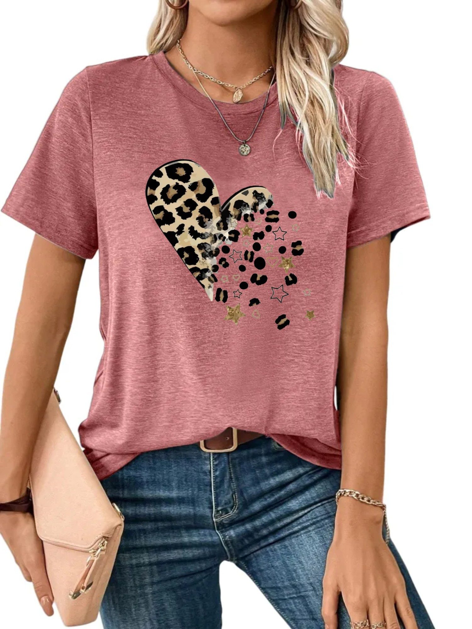 PYLIKE Kurzarmshirt Damen bequemes Sommer Kurzarmbluse Locker Leopardenherz Print-Shirt Bequem für Freizeit und Büro