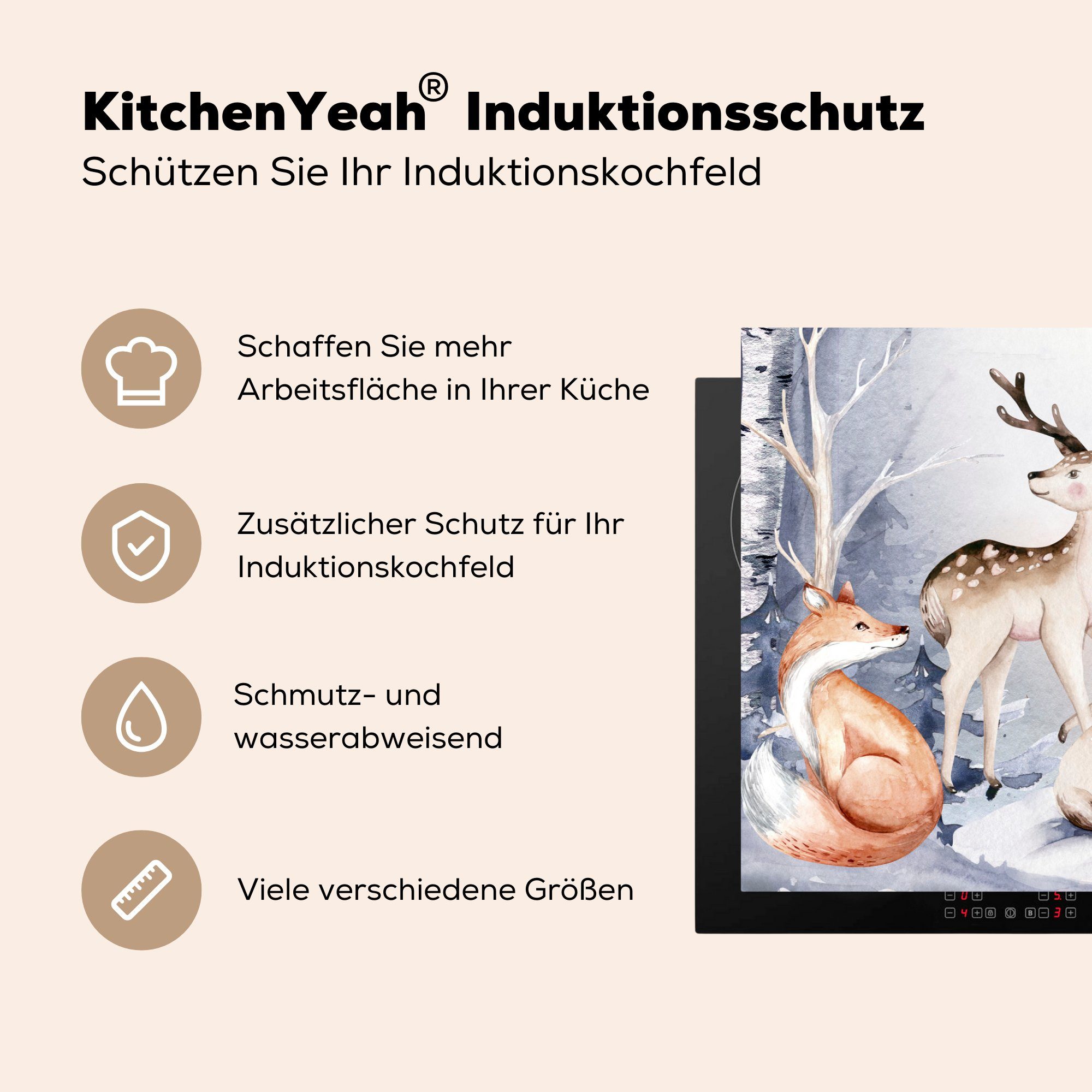 Induktionskochfeld Herdblende-/Abdeckplatte - 81x52 Vinyl, Tiere für Winter Schutz tlg), Schnee, küche, Ceranfeldabdeckung cm, MuchoWow (1 - die