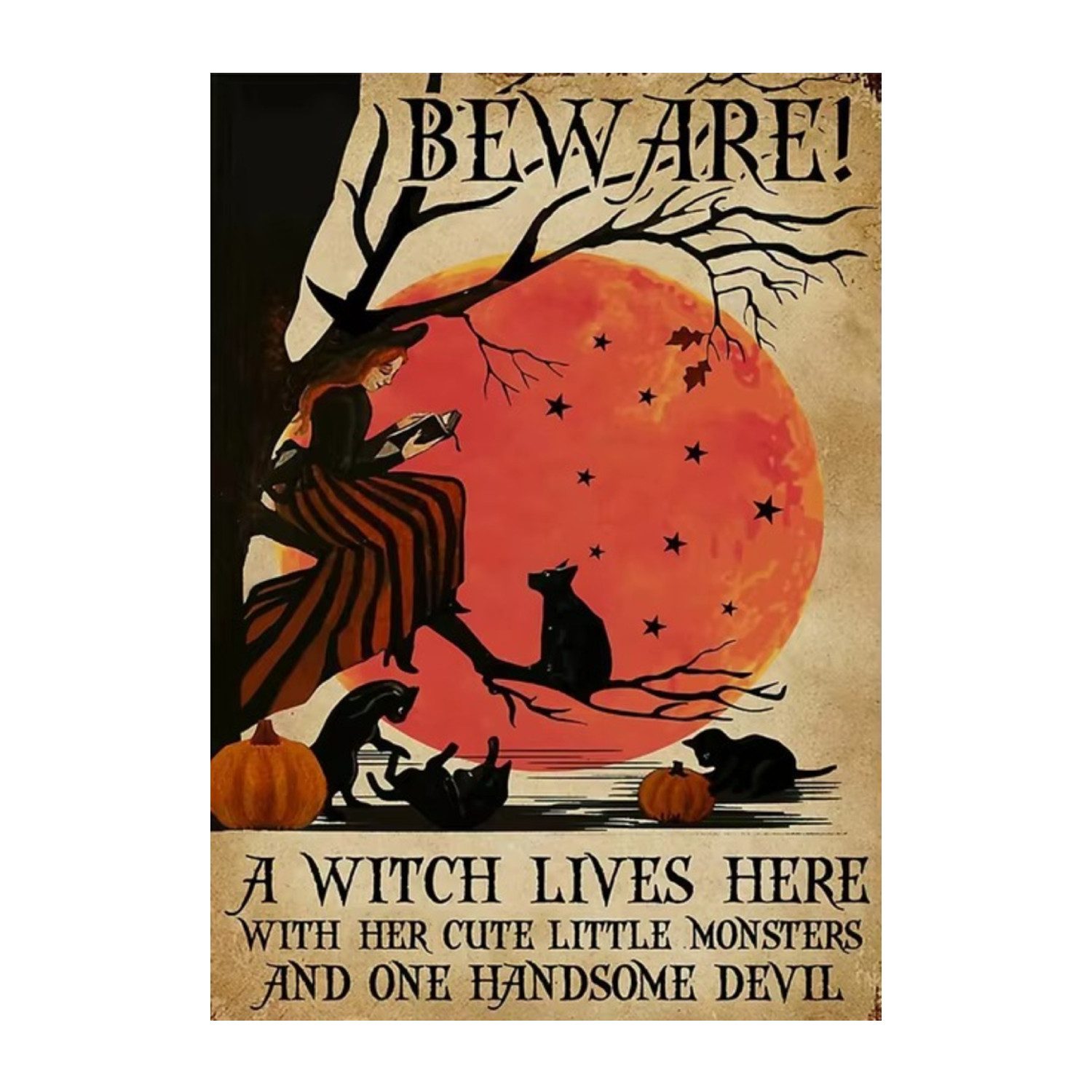 TPFLiving Kunstdruck OHNE RAHMEN, Magische Hexenkunst mit Vintage-Charme - (Leinwandbild XXL), Farben: Farben: Schwarz, Lila, Orange, BeigeGröße: 20x30cm