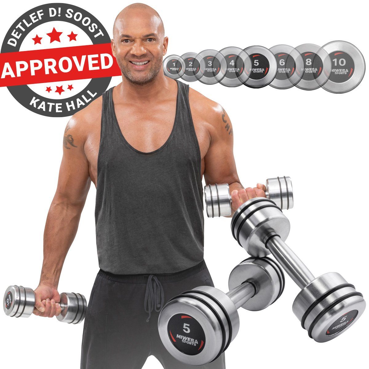 Miweba Sports Hantel-Set Profi Chrom Gymnastik Hantel Set - 8 Gewichtsklassen, (1 kg - 2 kg - 3 kg - 4 kg - 5 kg - 6 kg - 8 kg -10 kg - Stahl - Hochglanz-Optik - bodenschonend - schwarz / silber - Fitnesshanteln - Krafttraining - Sport - Workout - Training, 2er Set), Fitness Areobic Hantel Kurzhantel Set Hantelgewichte Gewichte