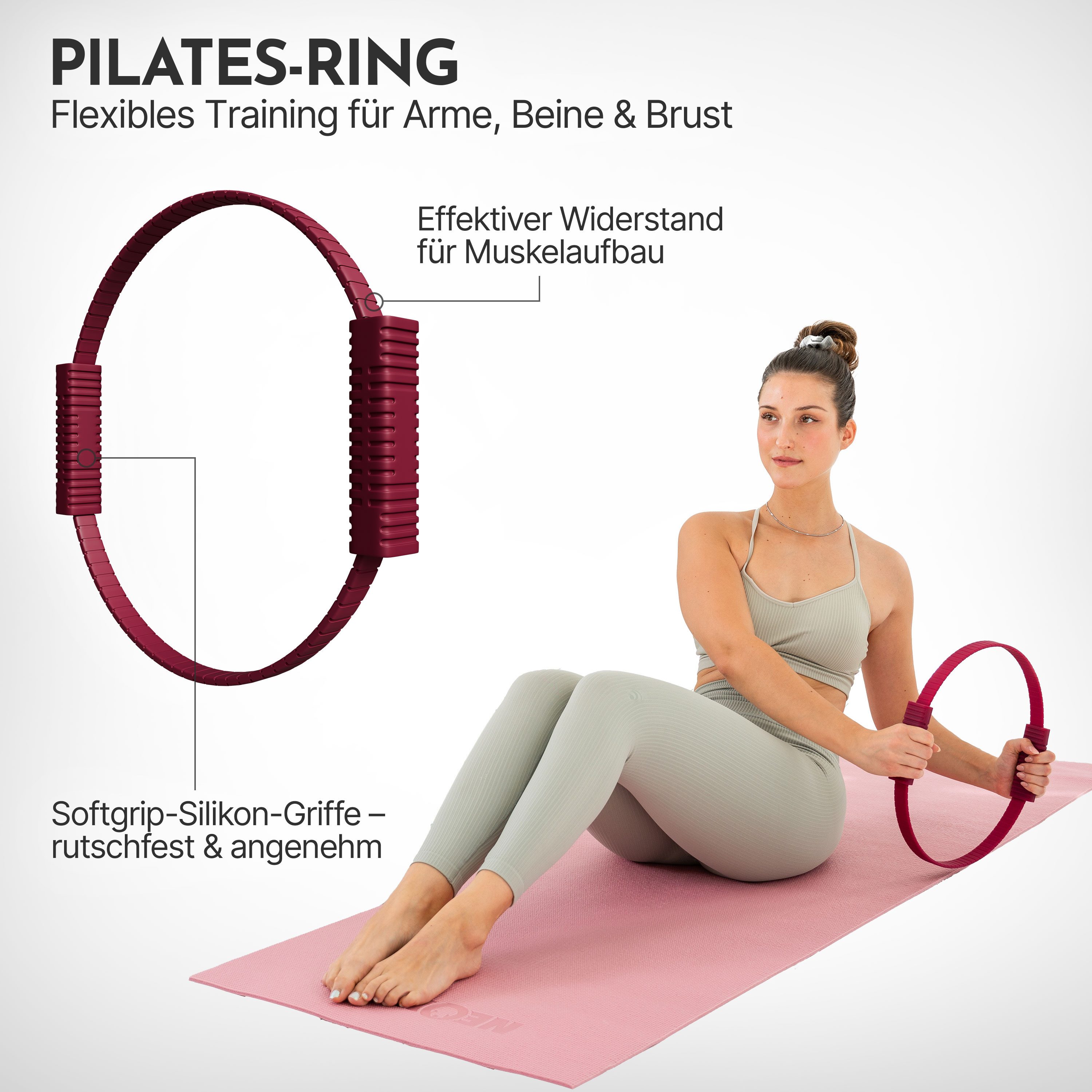 NEOLYMP Pilates-Ring Pilates Ring – Effektiver Fitnessring für Core-Training, Arme, Beine (Pilates Zubehör für gezielte Muskelaktivierung im Beckenboden), Pilatesring - rutschfesten Softgrip-Silikon-Griffen für sicheren Halt