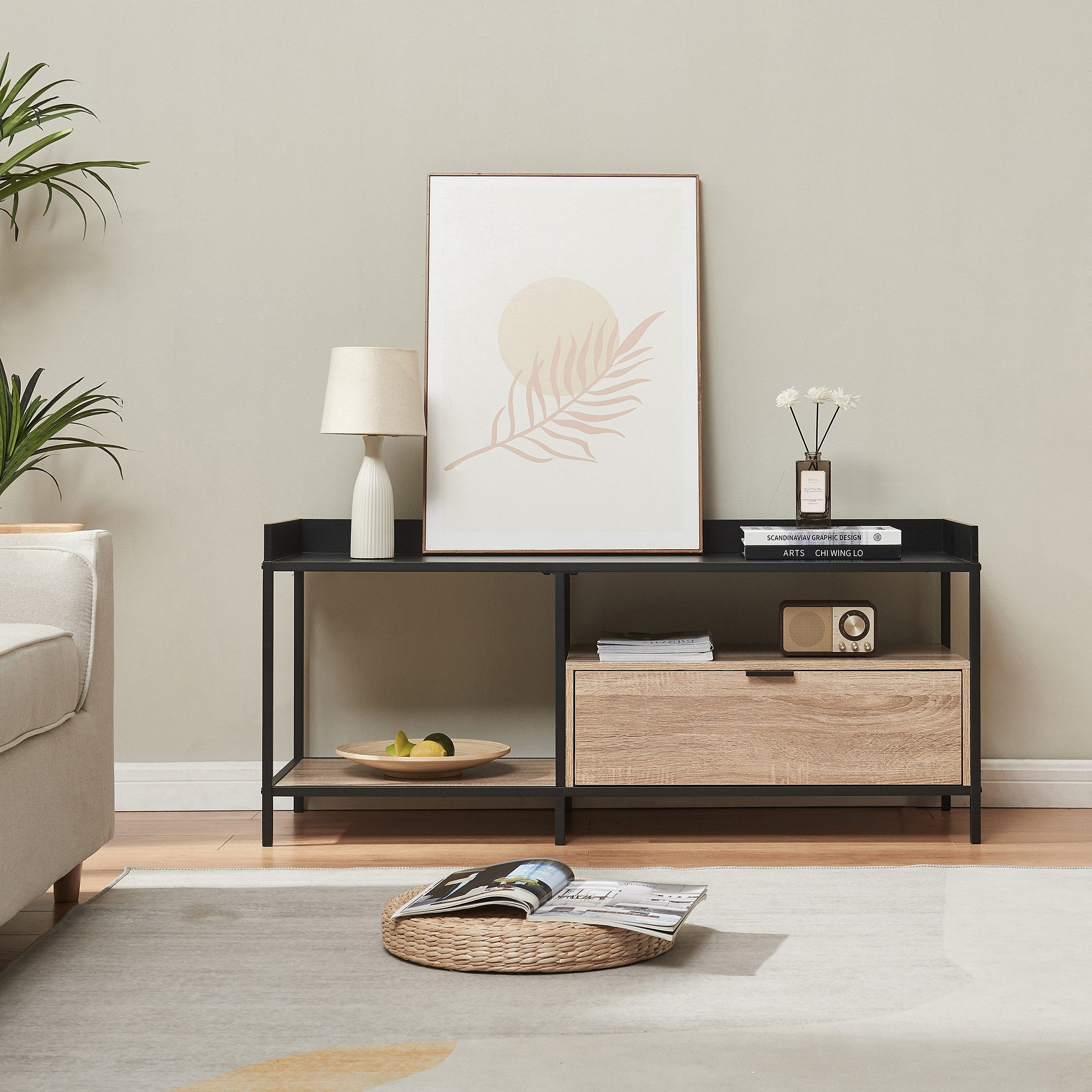 en.casa TV-Schrank »Belana« 120x40x54 cm mit Schublade Metallgestell Schwarz/Eicheoptik