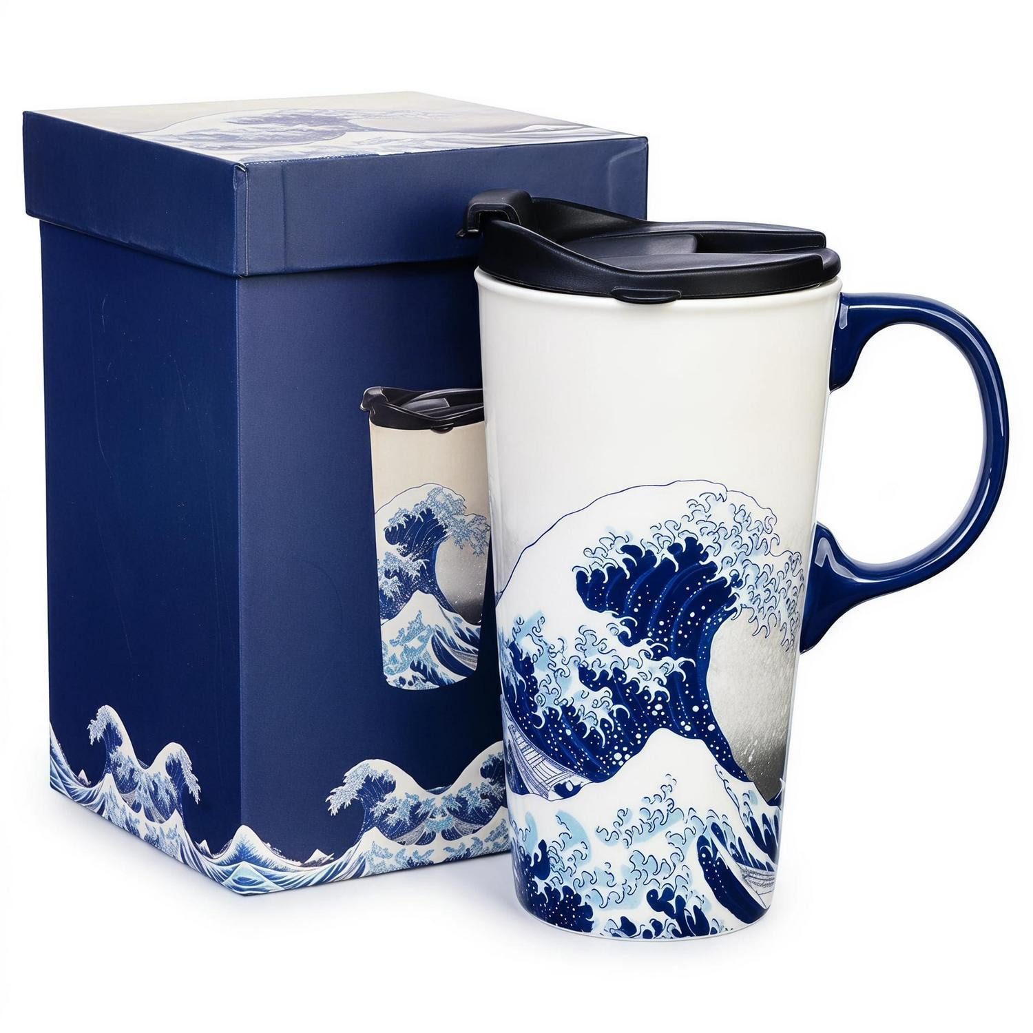 LuxusKollektion Tasse Kaffeetasse Keramik 500ml Wellen Blau mit Deckel, Keramik