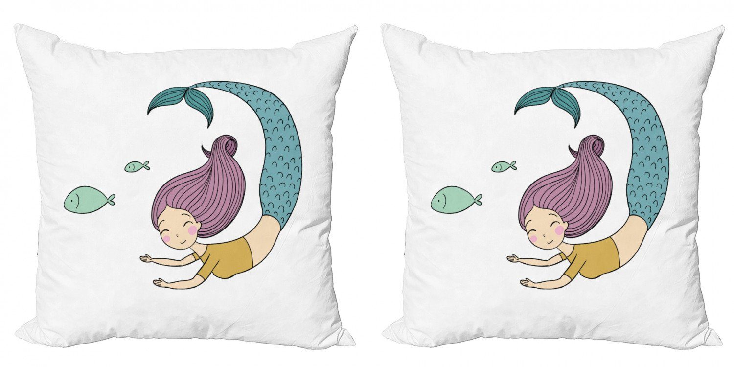 Kissenbezüge Modern Accent Doppelseitiger Digitaldruck, Abakuhaus (2 Stück), Meerjungfrau Glückliches Mädchen mit Fisch