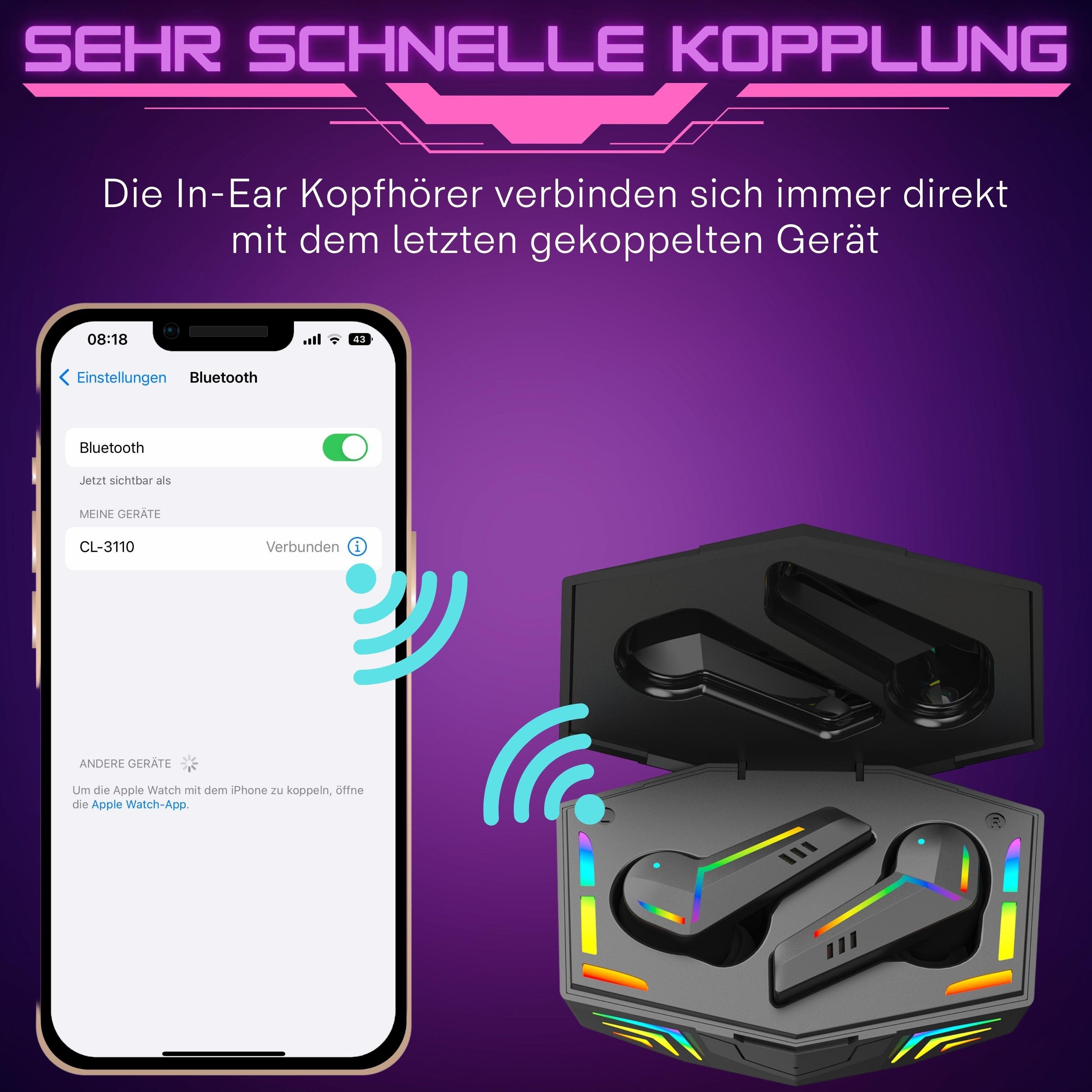 bis Beleuchtung, Stunden) kompatibel, Gaming kompatibel, Standby-Zeit,Musik/Gaming Touch zu HD-Anruferlebnis, Gaming Bluetooth Google 150h Google/Alexa/Siri Sprachassistent CL-3110 Beleuchtung, Cyberlux In-Ear-Kopfhörer (Siri Freisprechfunktion, 5.0, RGB wireless Sprachassistent 5 Zeit: RGB Assistant,Siri,Alexa, Control,