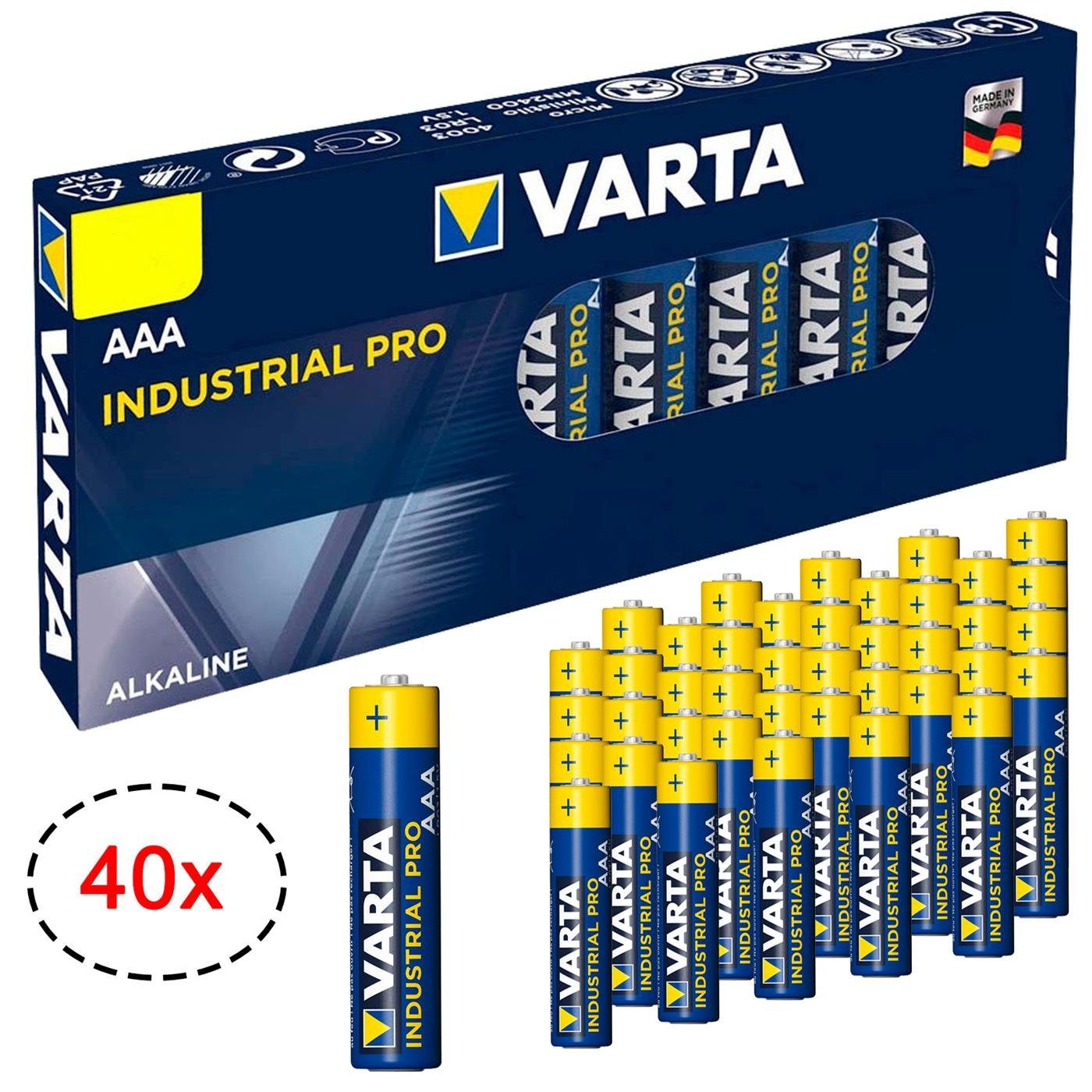 VARTA 40er Pack AAA Industrial Alkaline Micro Batterie, (1,5 V, 40 St), Made in Germany Батареї 1,5V für Taschenlampe Spielzeug Wand Uhr