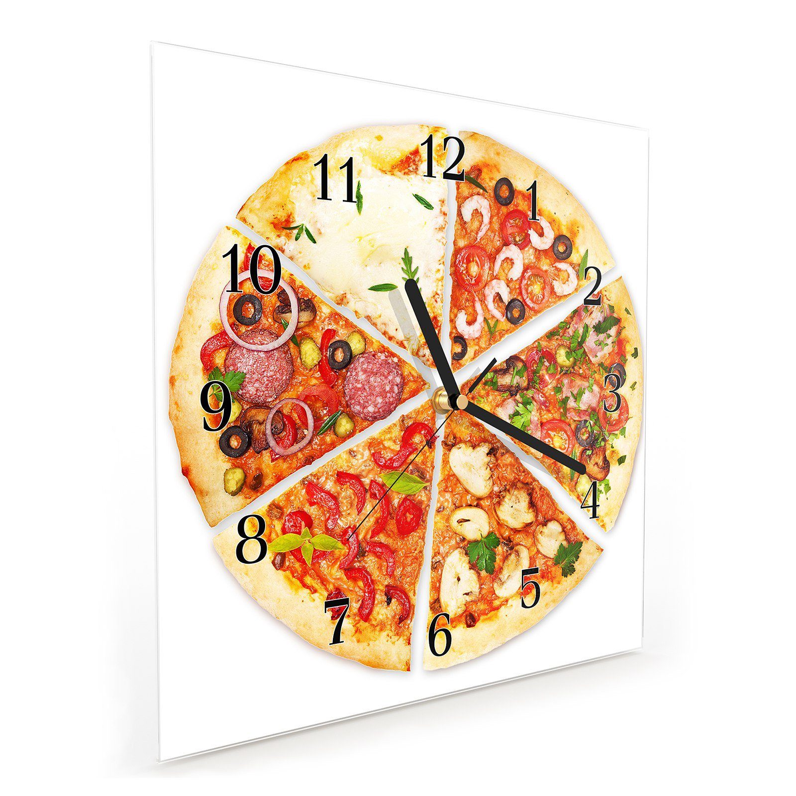 Primedeco Wanduhr Glasuhr cm Wandkunst Pizzaecken mit x Größe 30 Wanduhr Motiv 30