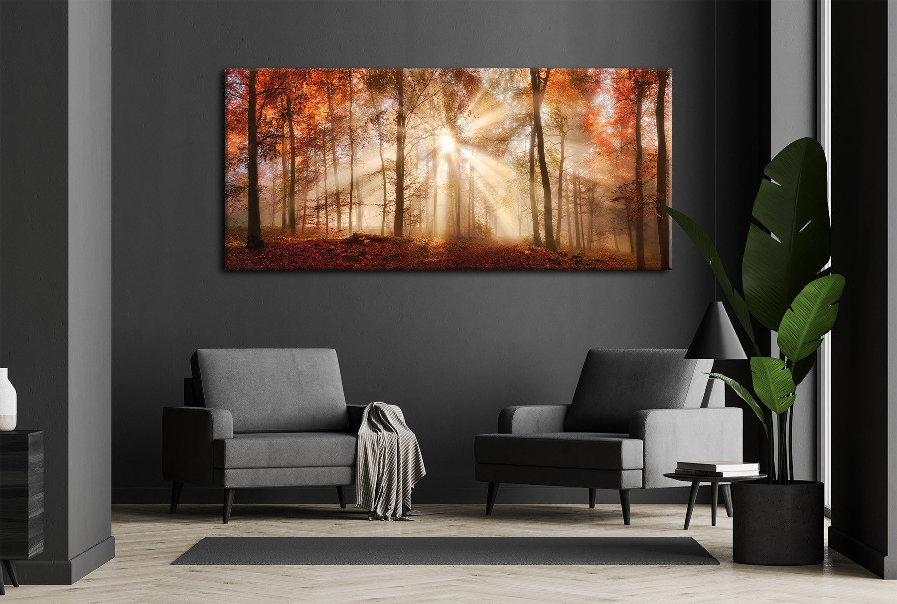 Bönninghoff Bild Wandbild HERBSTWALD XXL 90x200 cm – Leinwandbild Keilrahmen Deko, Sonnenaufgang & -untergang, Wald, Waldbilder, auf Keilrahmen gespannt – Bild 3 von 5