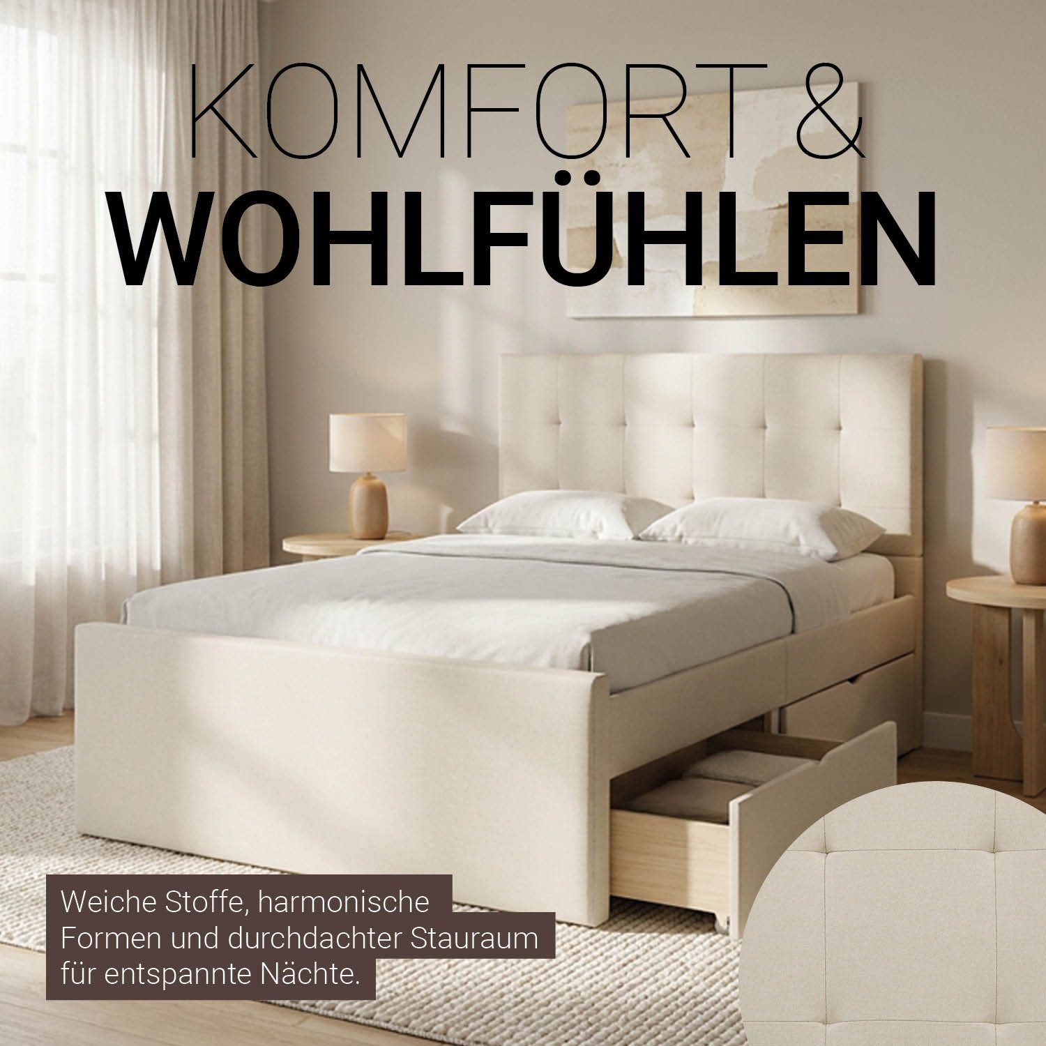 Homestyle4u Polsterbett 90x200 120x200 140x200 Doppelbett Bettgestell Stauraum mit Kopfteil (Set, Set, mit Lattenrost, 2 Bettkästen / Schubläden), 90x200, mit Stauraum