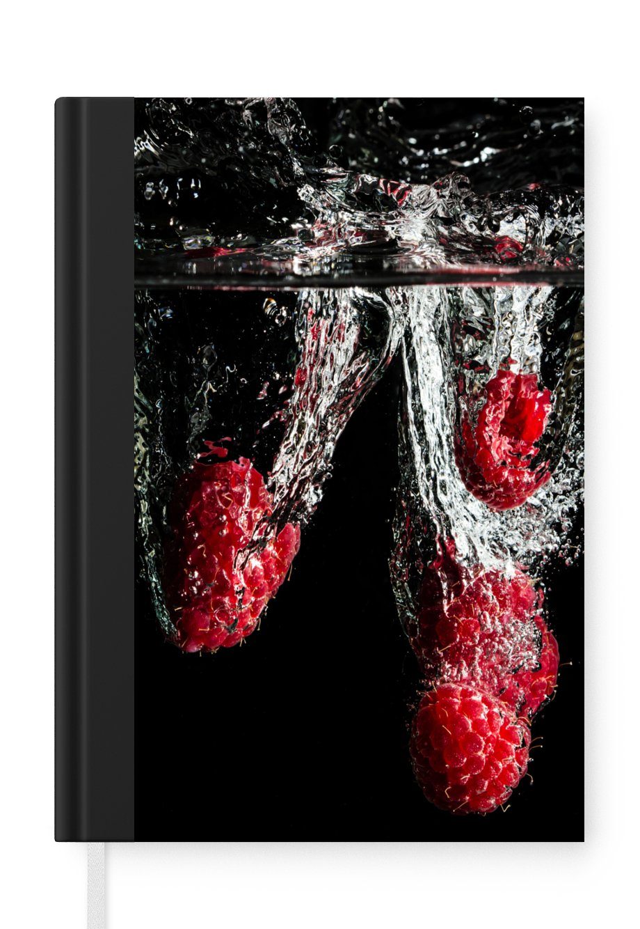 MuchoWow Notizbuch Himbeeren - Obst - Stilleben - Wasser - Schwarz - Rot, Journal, Merkzettel, Tagebuch, Notizheft, A5, 98 Seiten, Haushaltsbuch