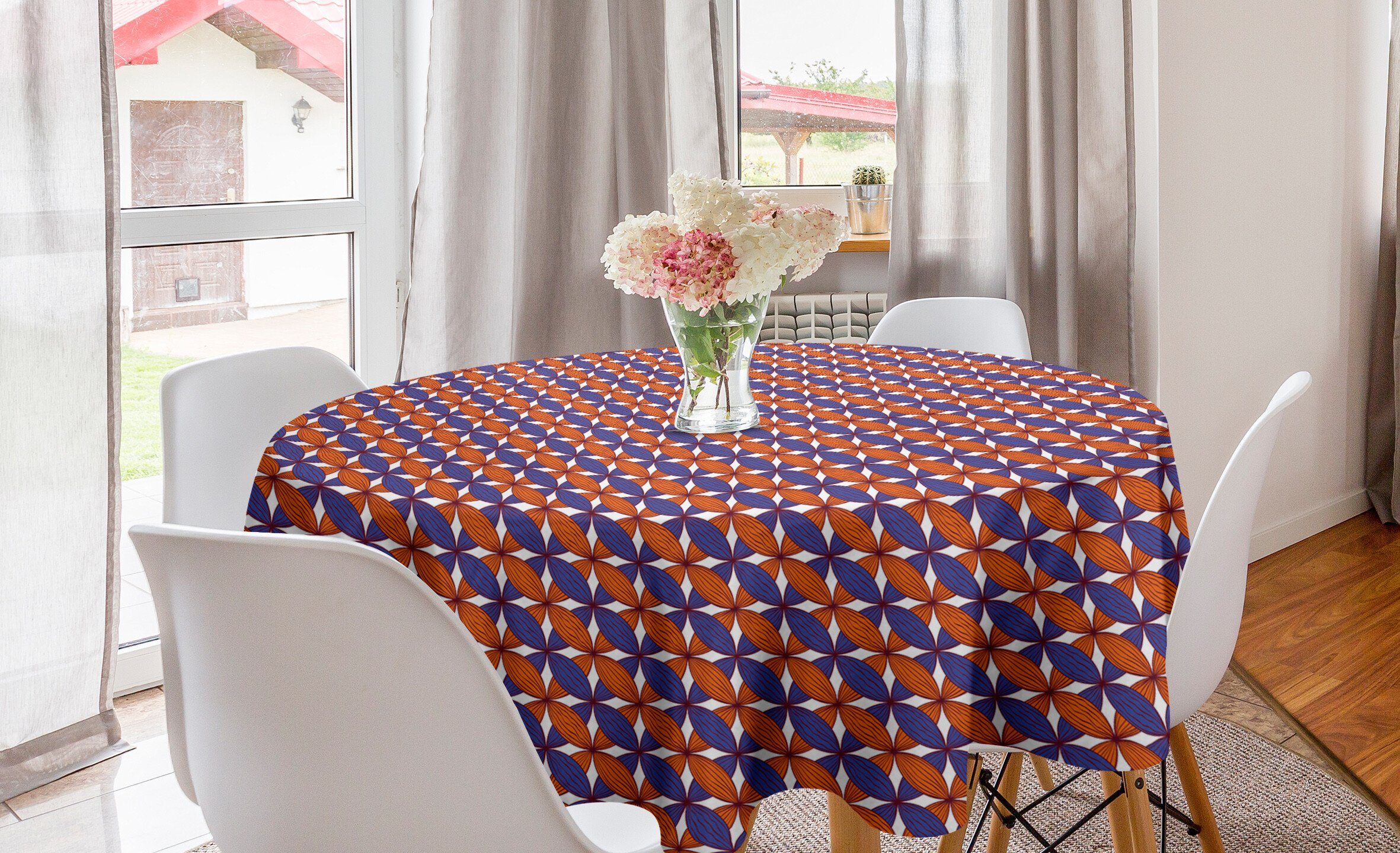 Abakuhaus Tischdecke Kreis Tischdecke Abdeckung für Esszimmer Küche Dekoration, Orange Blue Bicolor Floral Grid