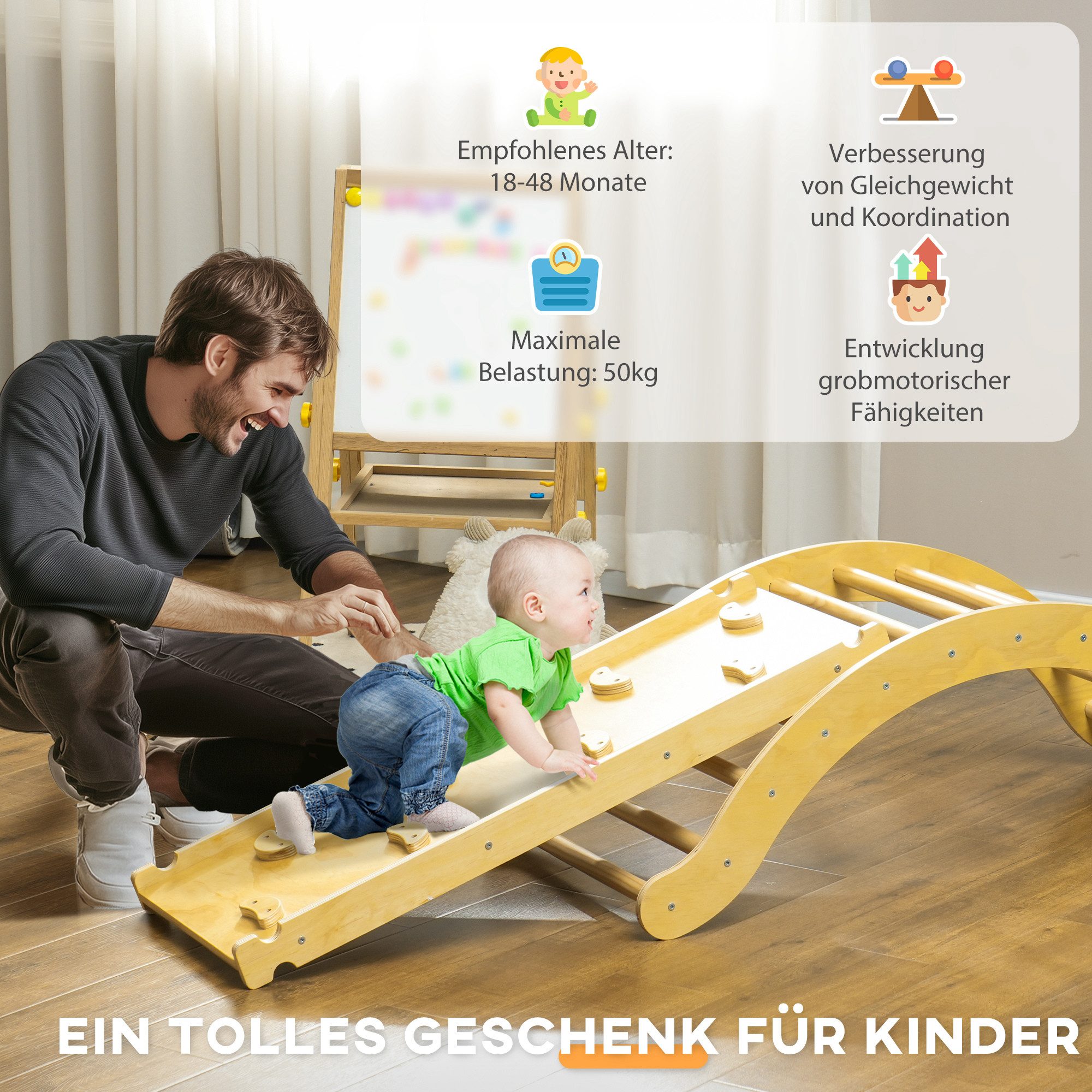 AIYAPLAY Klettergerüst 4 in 1 Set mit Rutsche, aus Holz, (Kletterspielzeug, 4-St., Kletterdreieck zum Rutschen und Klettern), für Kinder 1,5-4 Jahre, Indoor, Naturholz