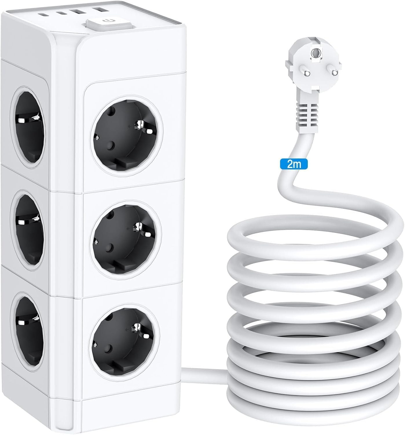ibettertec 12 Fach Mehrfachsteckdose mit 4 USB Steckdosenturm Steckdosenleiste Steckdosenleiste 12-fach (Ein-/Ausschalter, USB-Anschlüsse, Schutzkontaktkupplung, Schutzkontaktstecker, Überspannungsschutz), Steckdosenleiste mit 1 Einzelnen Schalter Überspannungsschutz