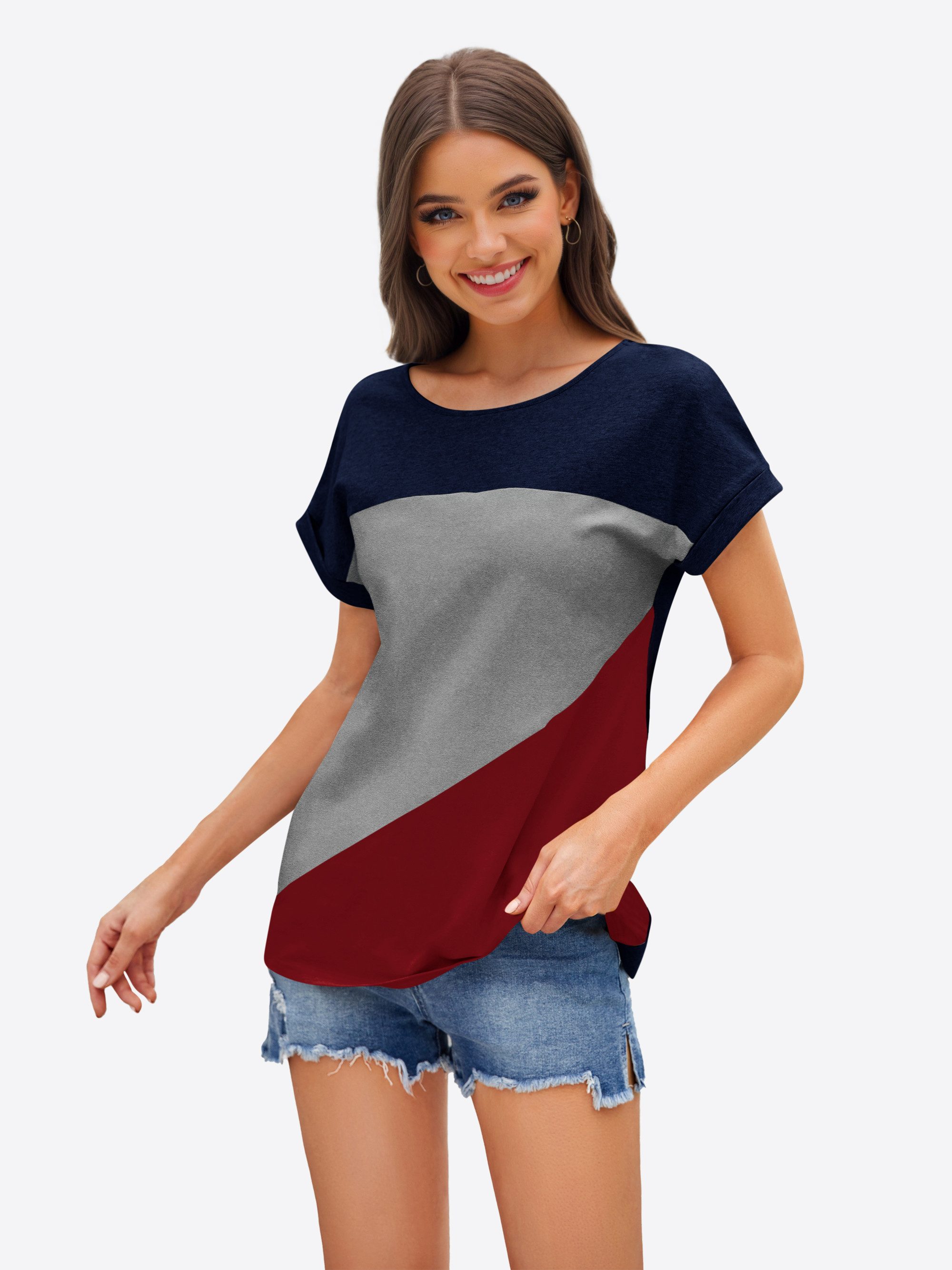 Imily Bela T-Shirt Damen Farbblocking Kurzarmtop (Packung, 1-tlg., 1per-Pack) mit Rundhalsausschnitt